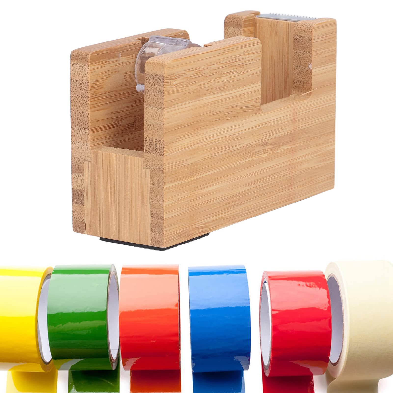 Omabeta Bamboo Wood Tape Holder Organizer - Desktop Tape Dispenser & Cutter for Adhesive Rolls, DIY Sticker Storage | Perfect for Office, Craft Room & School Stationery Organization