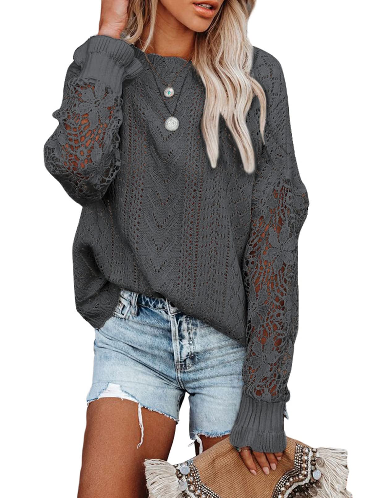 Dokotoo Women's Crewneck Crochet Lace Long Sleeve Hollow Out Cable Knit Pullover Sweater Top | Boho Chic Lace Knitwear for Fall & Winter | Perfect for Office, Date Night & Casual Outfits