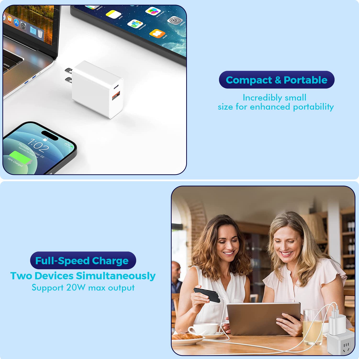 2-Pack 20W Dual Port PD Fast USB C Wall Charger with USB A - Compatible with iPhone 16/15/14/13/12/11/Pro Max/Plus/XS/XR/X, iPad, AirPods - Fast Charging Brick for Home, Office & Travel