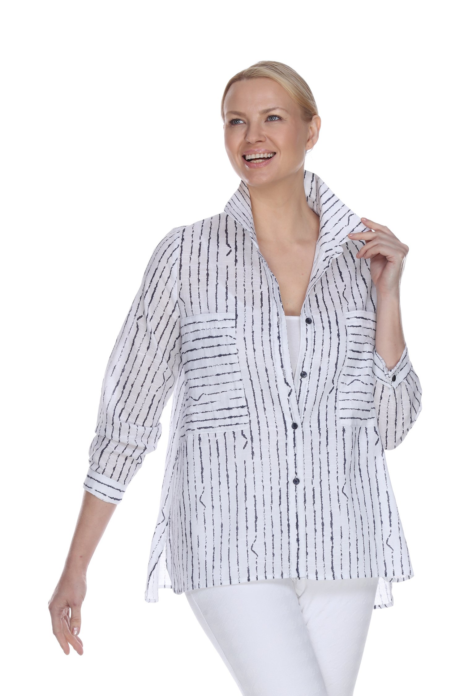 Terra-Sj Women's 100% Cotton 3/4 Sleeve Shirt with Convertible Collar - Comfortable & Stylish Blouse for Work, Casual Wear & Travel