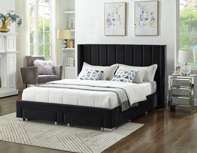 Black Velvet Winged Storage Bed with Vertical Tufting - Luxurious Upholstered Platform Bed Frame with Underbed Storage - Perfect for Master Bedroom, Guest Room, and Small Space Bedrooms