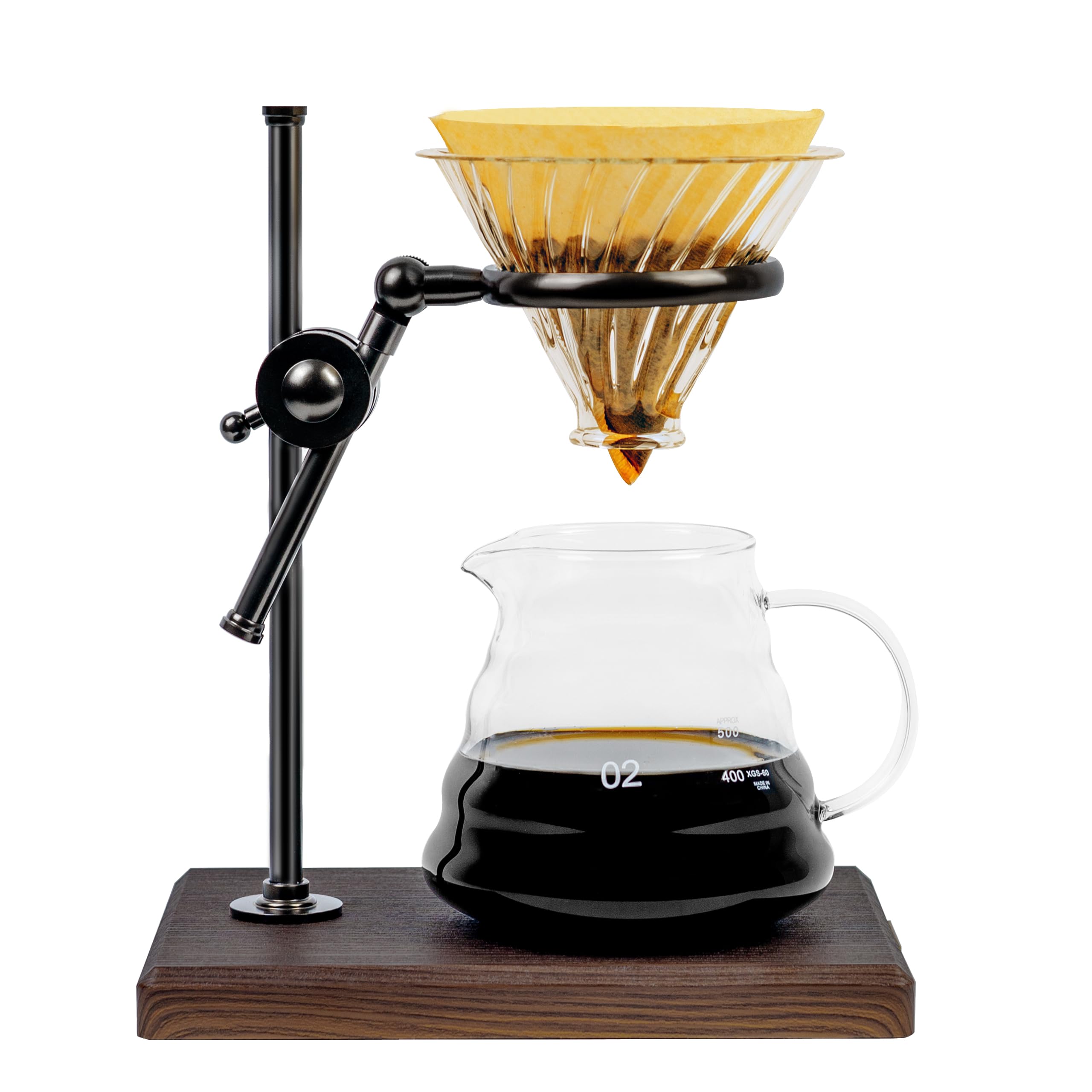 Premium Pour Over Coffee Maker Set - Stainless Steel Adjustable Stand with Wooden Base, Glass Carafe & Paper Filters - Ideal for Home Brewing, Office Use & Specialty Coffee Lovers (Black)