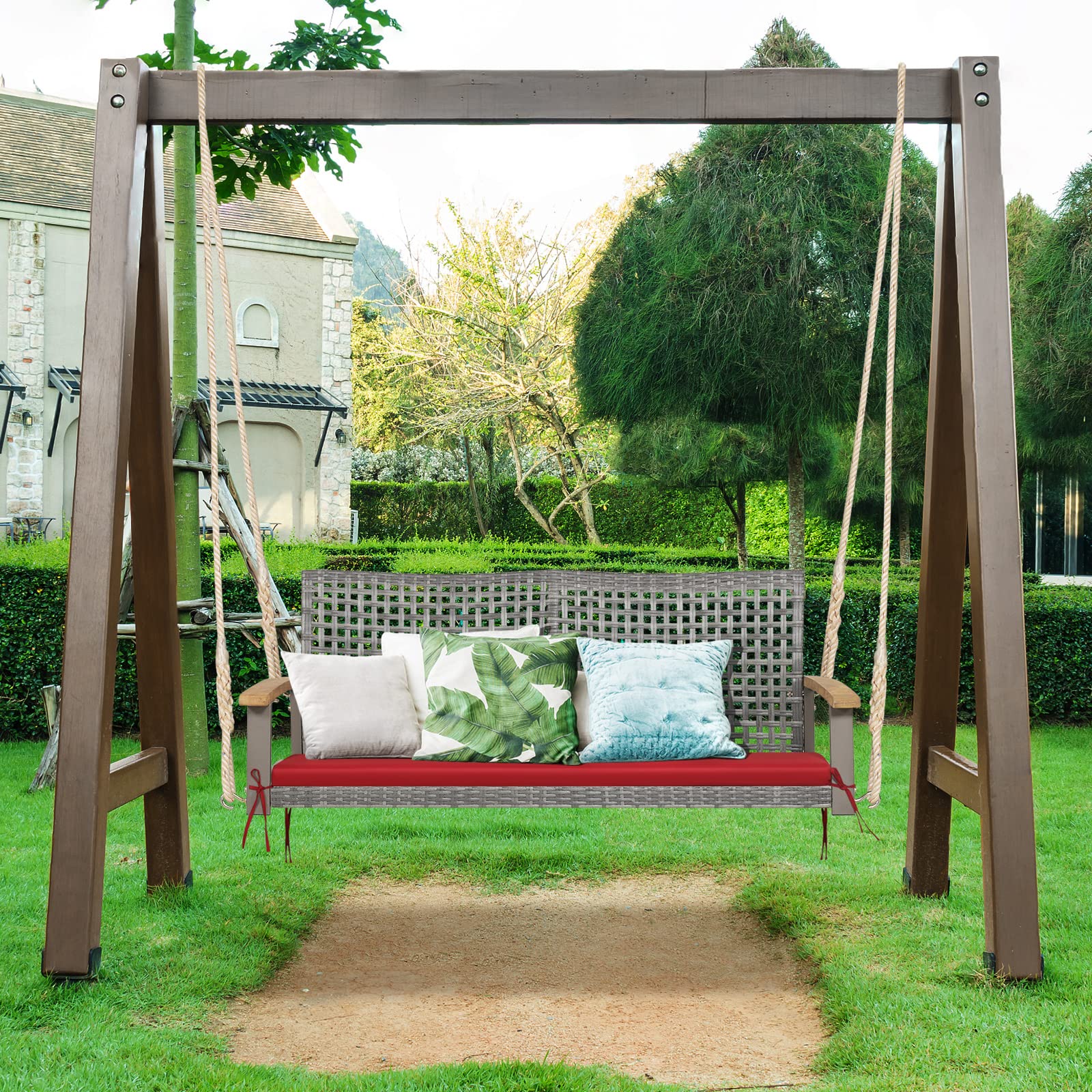 Happygrill 2-Person Outdoor Rattan Swing Chair with Acacia Wood Armrests - 118