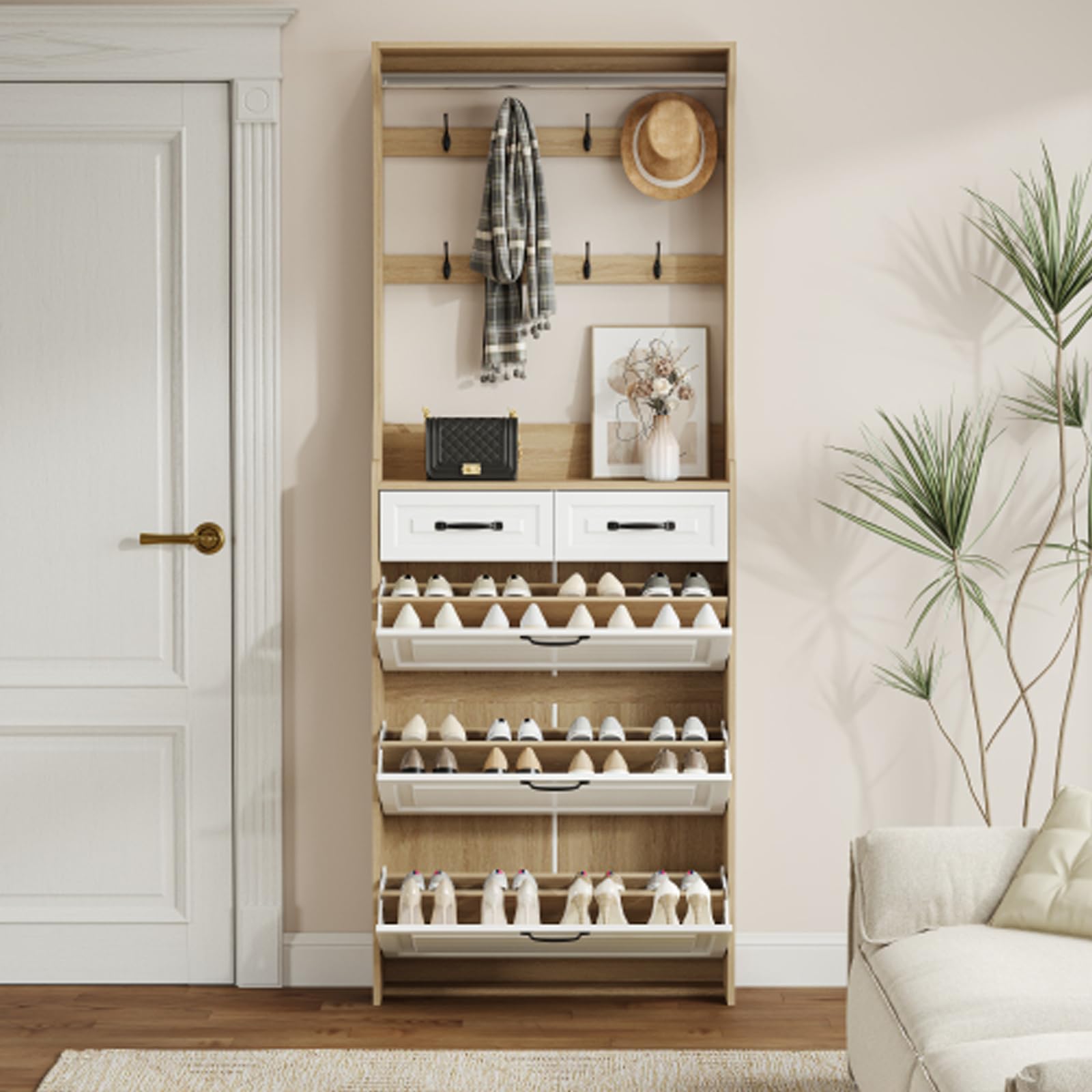3-Door Oak Shoe Cabinet with 2 Drawers & Hanger - PVC Panel Storage Organizer for Entryway, Closet & Mudroom - Large Capacity Shoe Rack (White)