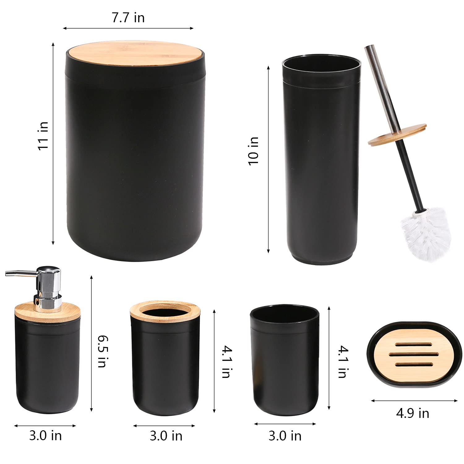 CERBIOR 6-Piece Bamboo Bathroom Accessory Set - Soap Dish, Toothbrush Holder, Rinse Cup, Lotion Bottle, Trash Can & Toilet Brush | Eco-Friendly Toilet Organizer for Bathroom, Powder Room & Guest Bath | Modern Black Bath Essentials for Home Decor