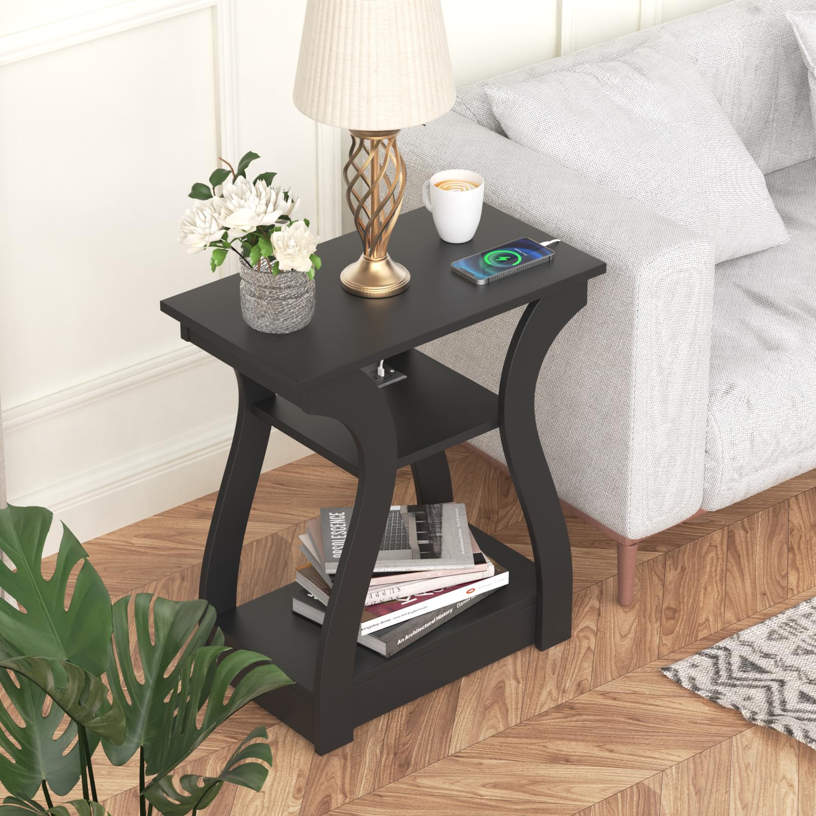 2-Piece End Table Set with Charging Station - USB Ports & Outlets, 3-Tier Nightstand with Storage Shelf for Living Room & Bedroom (Black) - Perfect for Small Spaces, Apartments, and Modern Home Decor