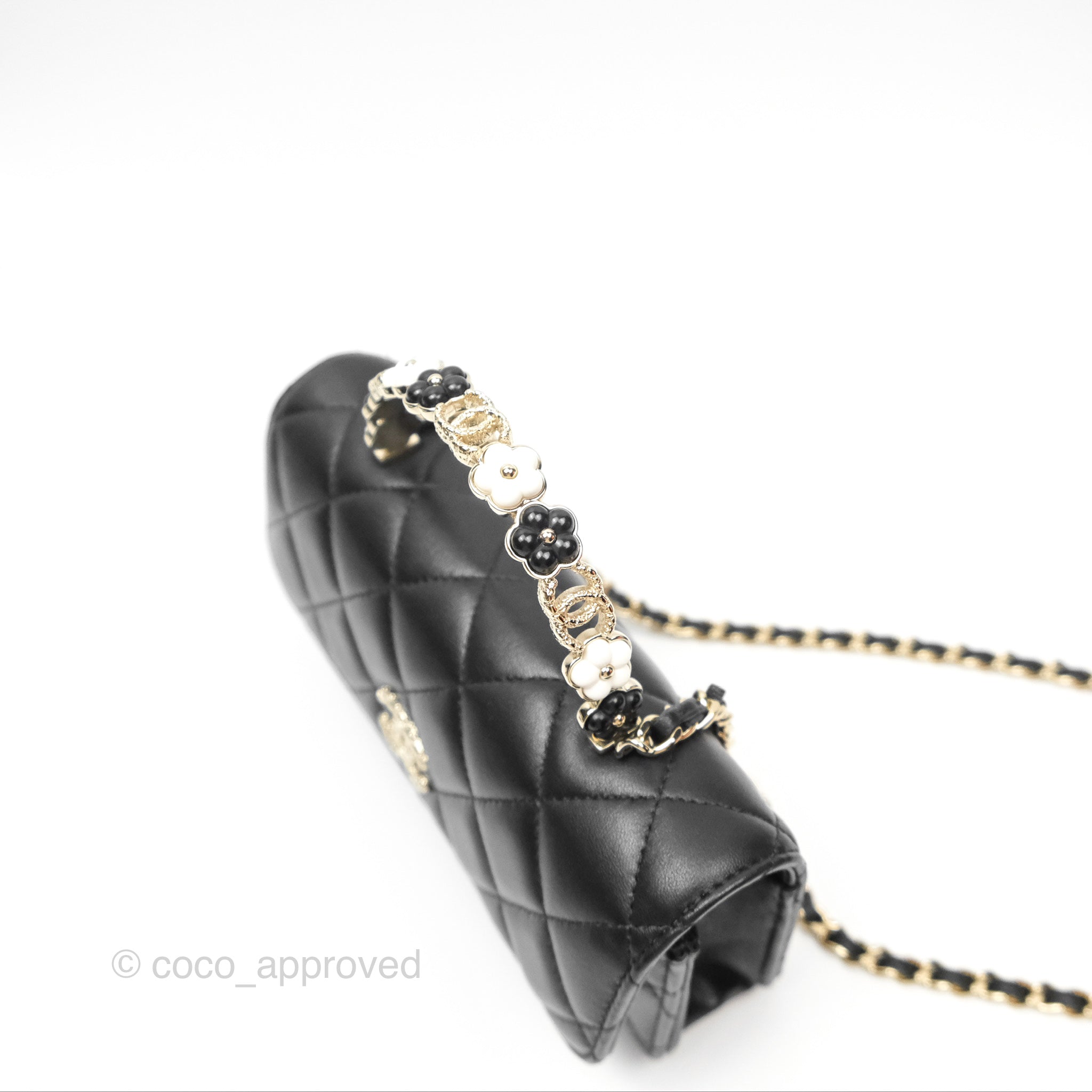 Chanel Camellia Handle Mini WOC Phone Holder Crossbody Bag with Chain - Black Lambskin Leather 23K Gold Hardware | Luxury Evening Out & Date Night Accessory
