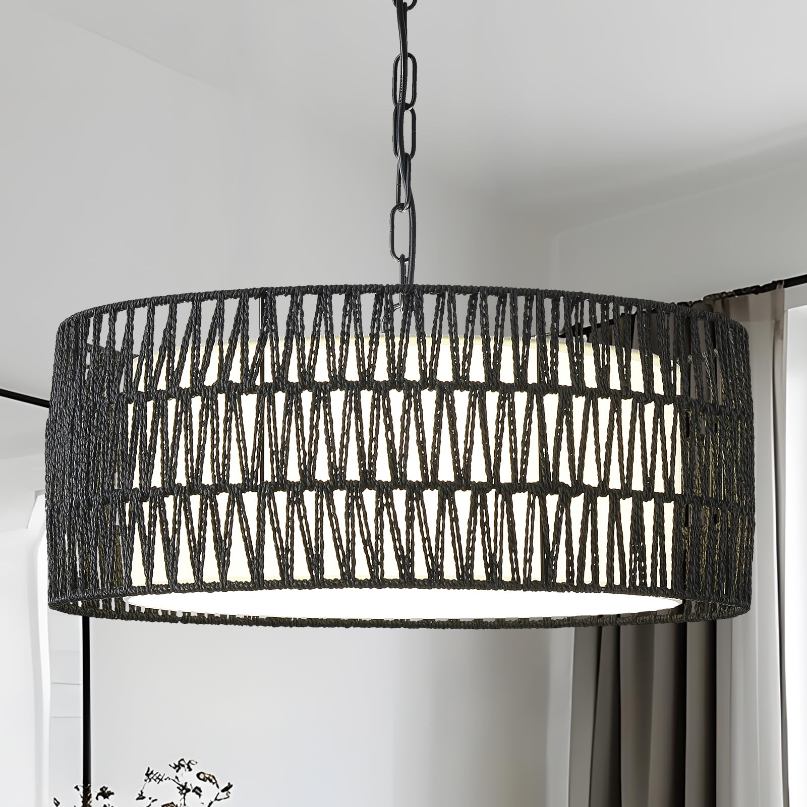 Farmhouse Rattan Chandelier Light Fixture - Black Boho Pendant Light with Hand Woven Wicker & Fabric Shade - Coastal Dining Room, Kitchen, Bedroom, Island & Hallway Lighting - Perfect for Rustic, Bohemian & Coastal Home Decor
