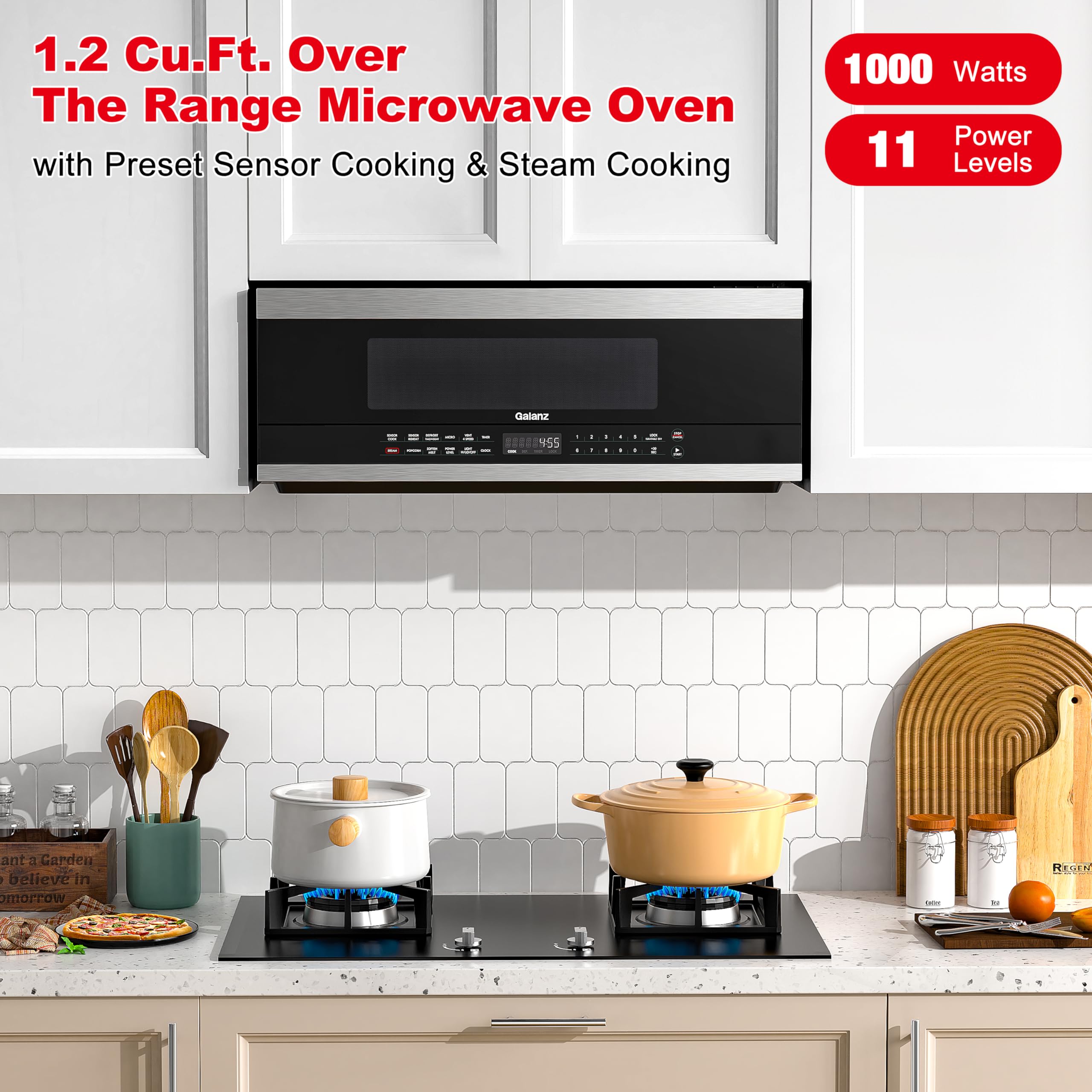Galanz GLOMJK12S2SWN10 Low Profile Over The Range Microwave Hood Combo with Steam & Sensor Cooking - 1.2 Cu Ft Stainless Steel - 11 Power Levels - Perfect for Small Kitchens & Apartments