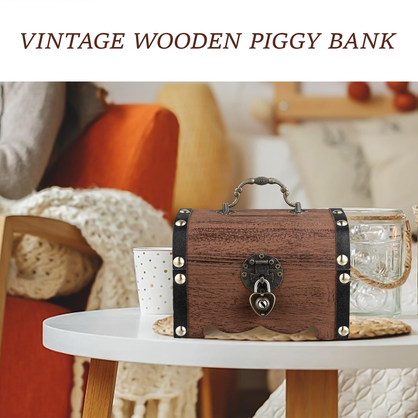 FAVOMOTO Wooden Pirate Treasure Chest Box - Antique Retro Piggy Bank with Love Lock & Keys, Handmade Jewelry Storage Box for Money, Coins & Valuables | Perfect for Home Decor, Gift Giving & Themed Parties