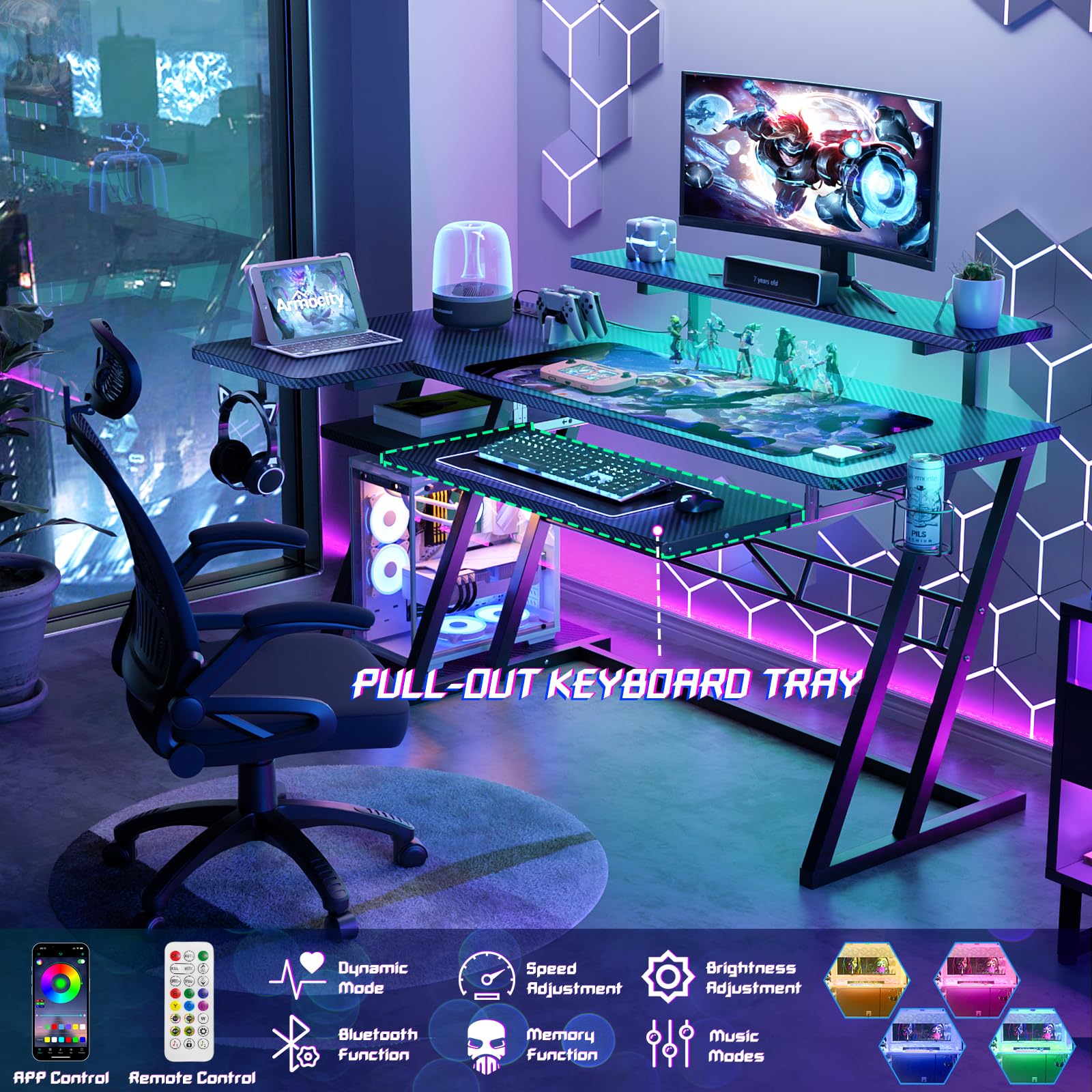 Premium L-Shaped Gaming Desk with Built-in Power Outlets & RGB LED Lights - 47