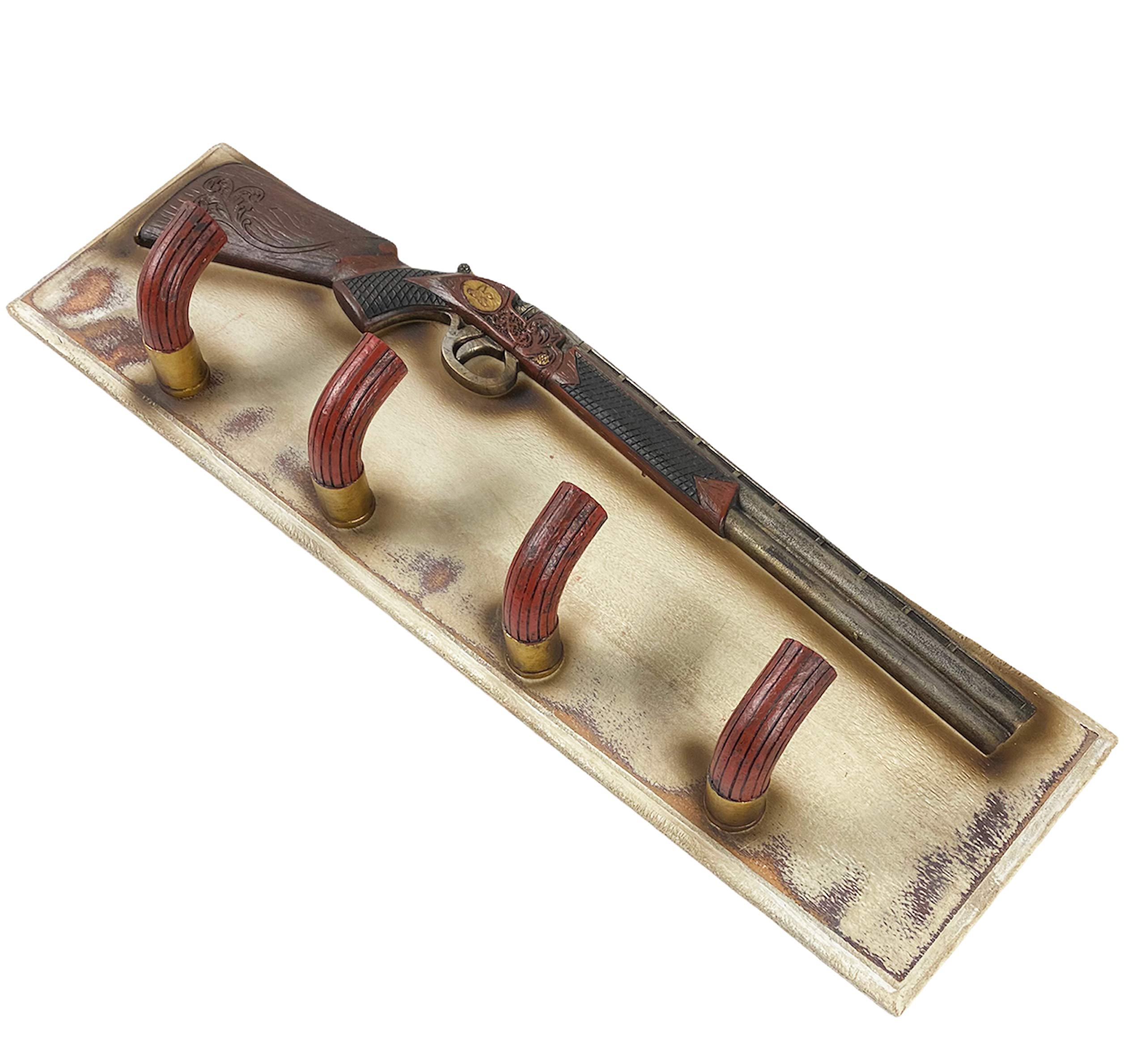 Western Rustic Shotgun Shell & Rifle Wall Hook - 4 Hooks Coat Rack, Key Holder for Hats, Coats, Towels - Distressed Finish Wall Mounted Organizer for Mudroom, Entryway & Cabin Decor