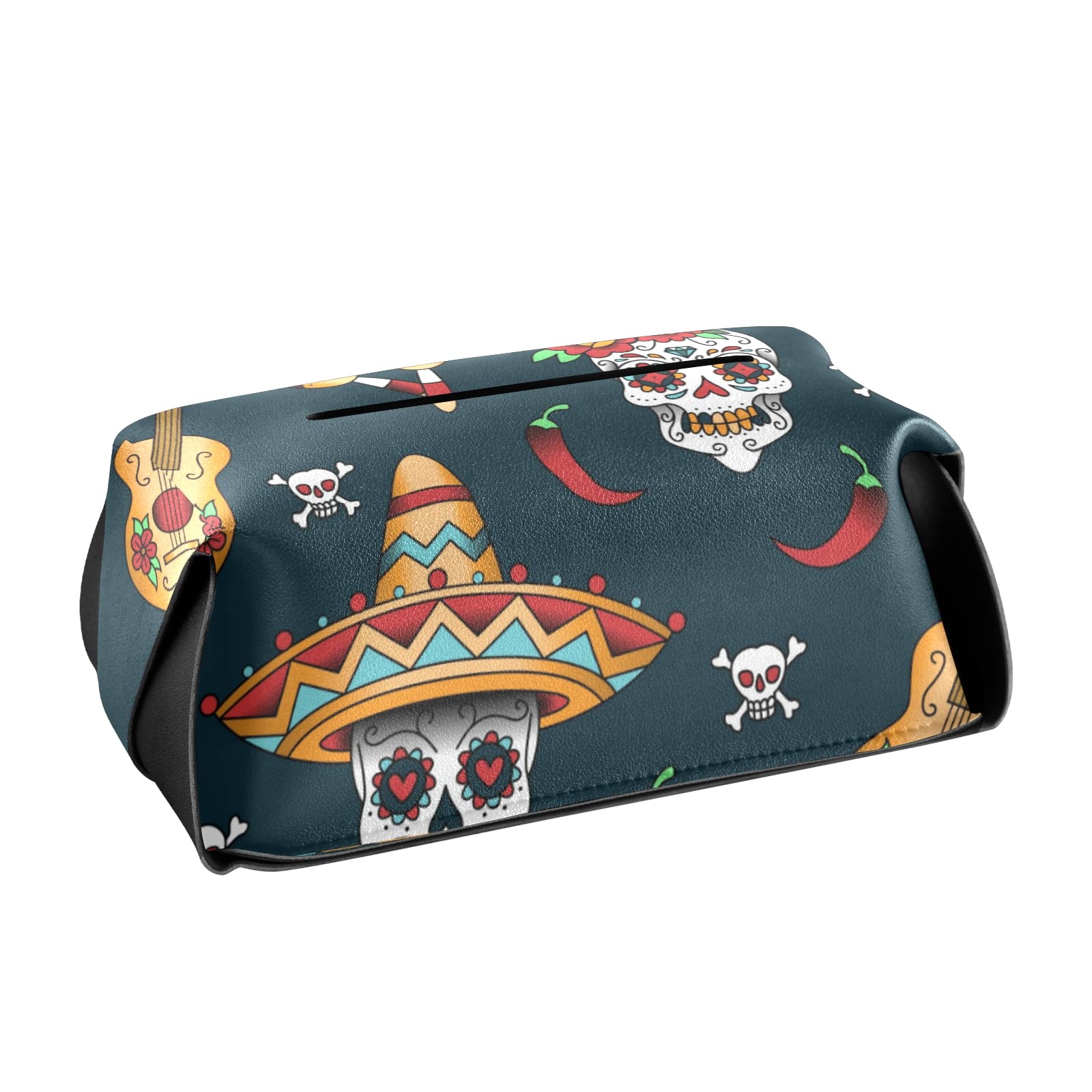 PU Leather Sugar Skull Chili Peppers Tissue Box Cover - Decorative Rectangular Tissue Holder with Handle for Office, Bathroom, Bedroom | Perfect for Halloween Decor & Mexican Theme Parties
