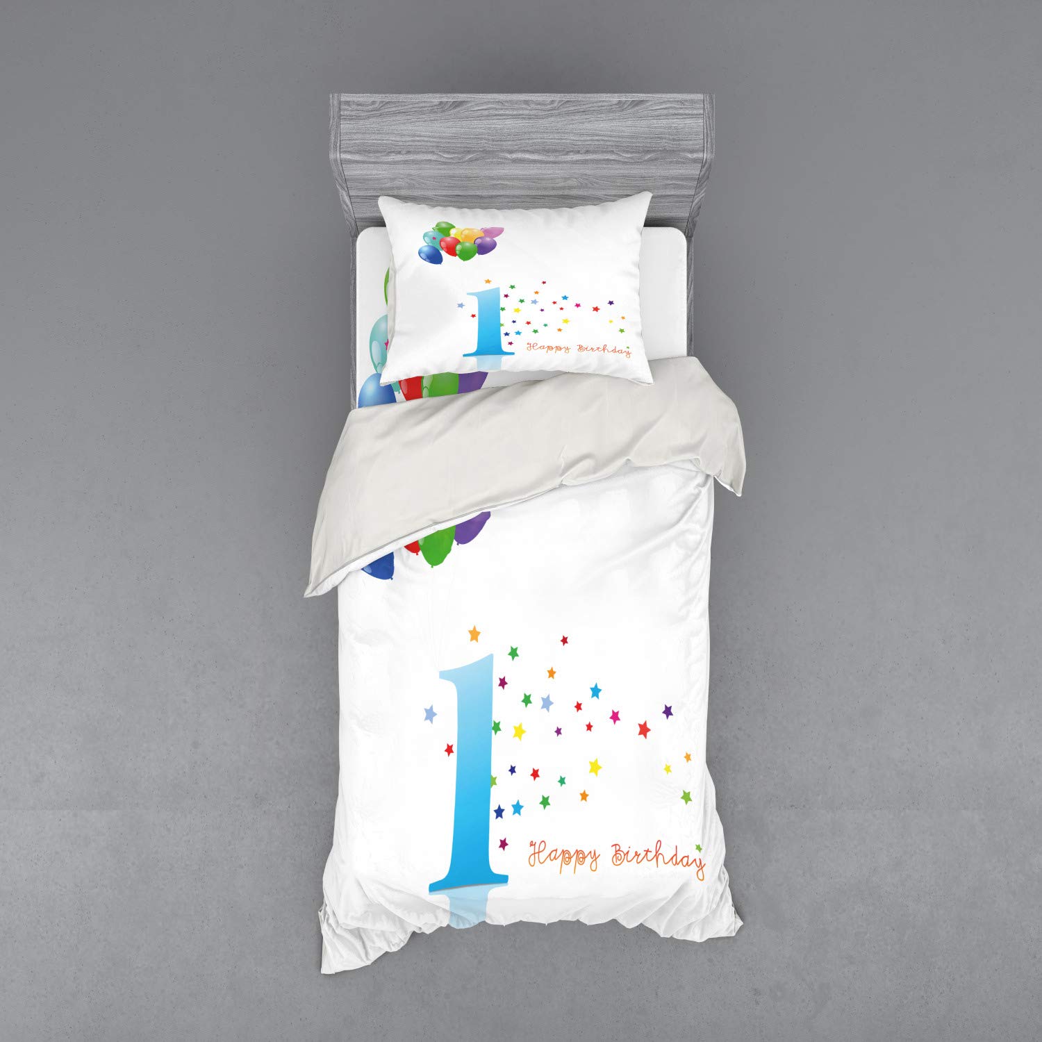 Ambesonne 1st Birthday Bedding Set - 3 Piece Twin XL Duvet Cover with Sham & Fitted Sheet - Colorful Abstract Stars & Balloons Design - Perfect for Kids' Room Decor & Birthday Party Themes