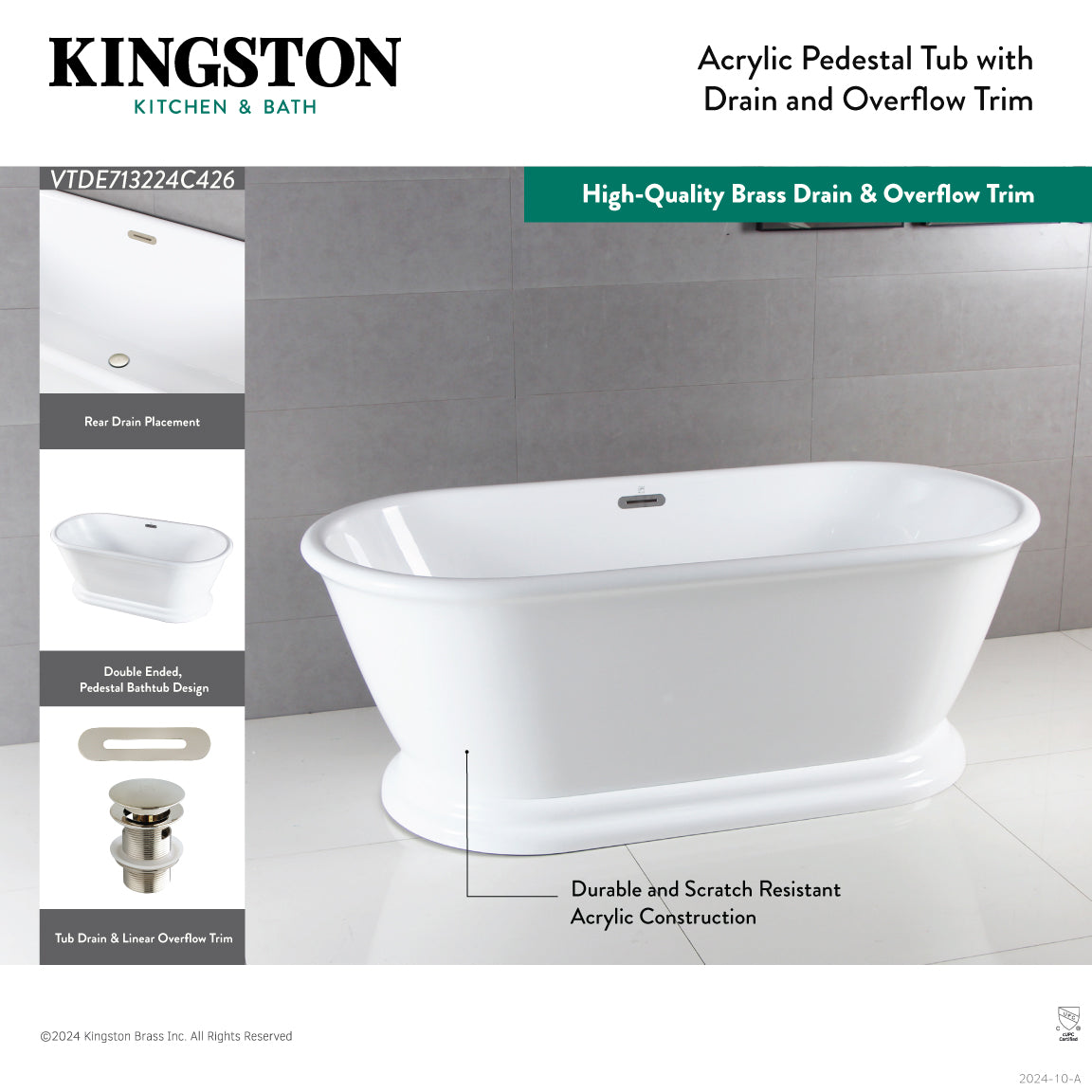 71 Inch Acrylic Oval Double Ended Pedestal Bathtub - Glossy White with Polished Nickel Finish - Freestanding Soaking Tub for Spa-Like Relaxation at Home