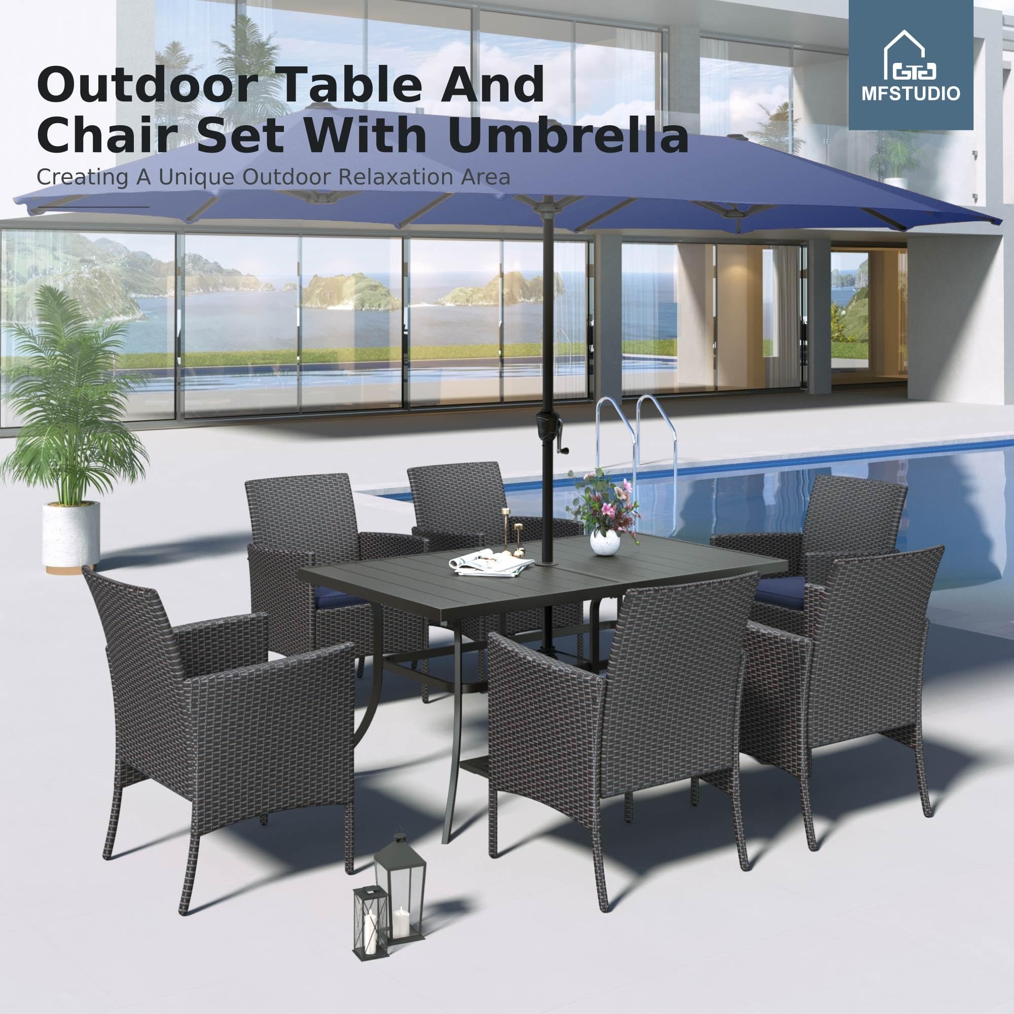 MFSTUDIO 8-Piece Outdoor Rattan Wicker Patio Dining Set with Umbrella - 6-Person Rectangular Metal Dining Table & Chairs for Backyard, Garden, Poolside or Terrace - Weather-Resistant Outdoor Furniture Set for Entertaining