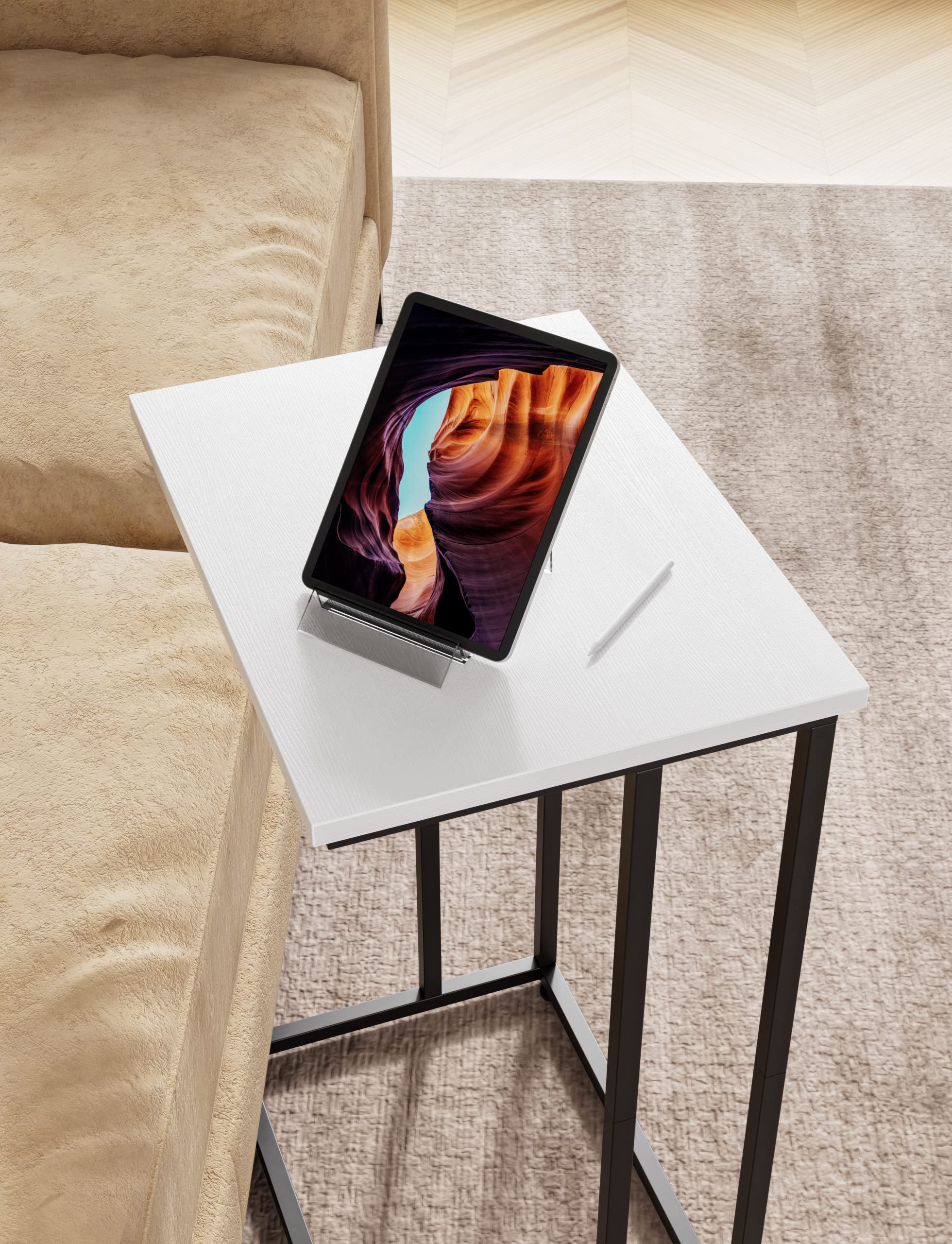 Industrial Style White Wide C Side Table - Metal Frame Couch Laptop Table with Snack Tray for Sofa & Bed - Perfect for Living Room, Bedroom, Office or Dorm Use