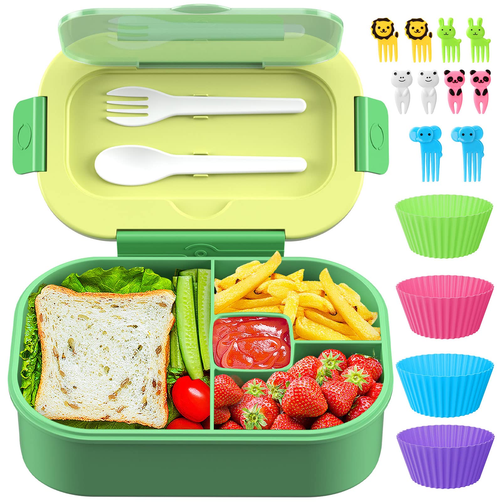 Leakproof 44oz Bento Lunch Box for Kids - 4 Compartment BPA-Free Reusable Food Container with Cutlery - Perfect for School Meals, Snacks, Picnics & Travel (Green)