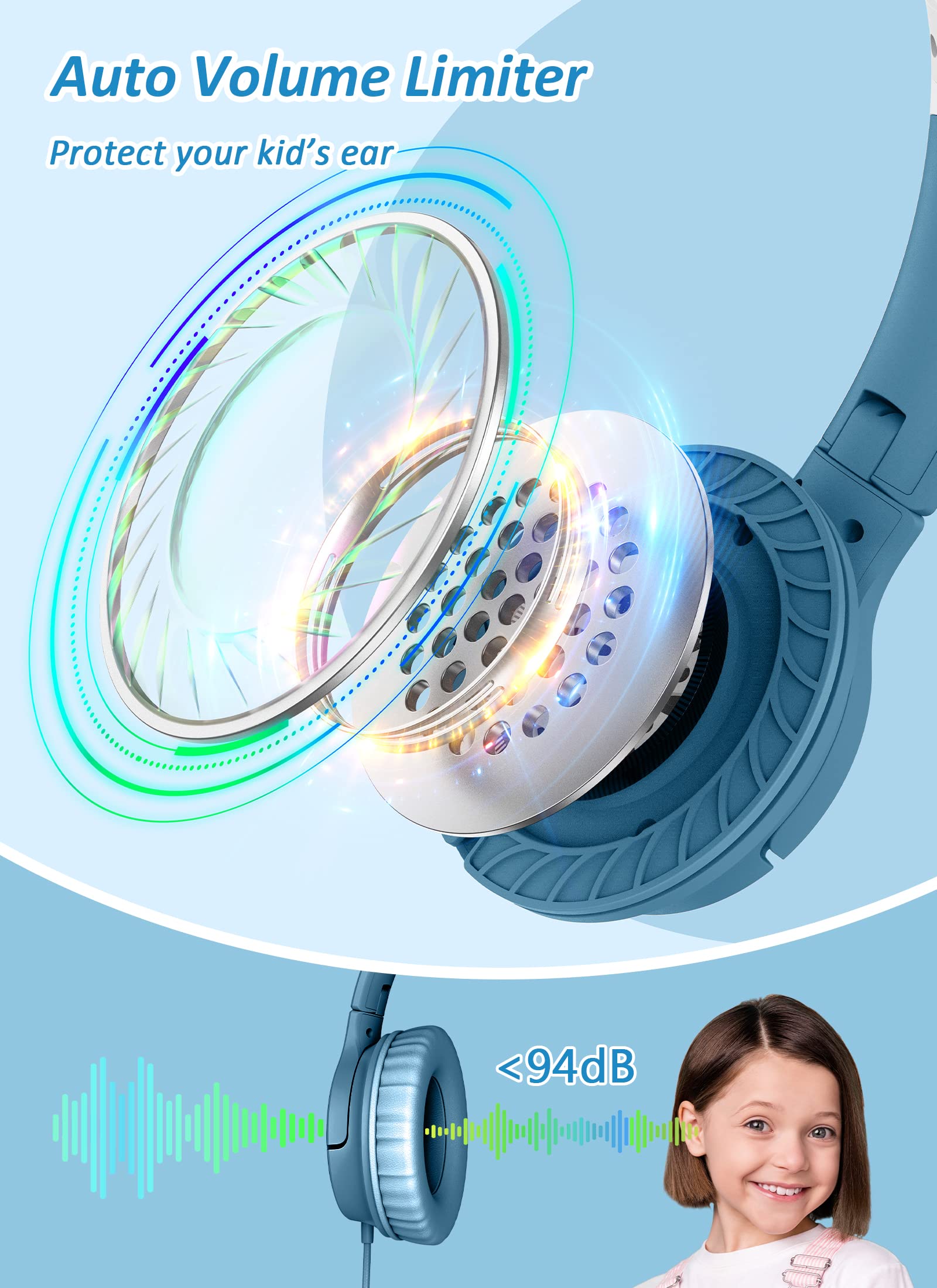 DyBaxa Kids Headphones Wired with 94dB Volume Limiter - Foldable Over-Ear Headset for Children, Safe for School, Online Classes & Travel - Compatible with Smartphones & Tablets via 3.5mm Jack (Dark Blue) - Perfect for Learning, Gaming & Airplane Use
