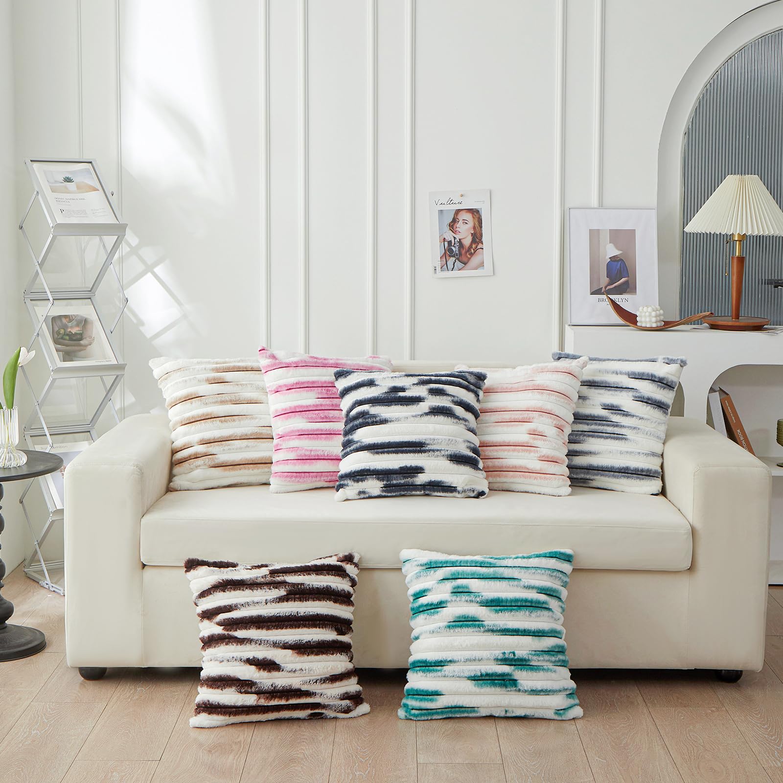 Luxury Faux Fur Plush Striped Throw Pillow Covers Set of 2 - 18x18 Inch Soft Cozy Decorative Cushion Covers for Living Room, Bed, Sofa - Blush Pink Gradient - Perfect for Home Decor, Gifts & Cozy Winter Nights