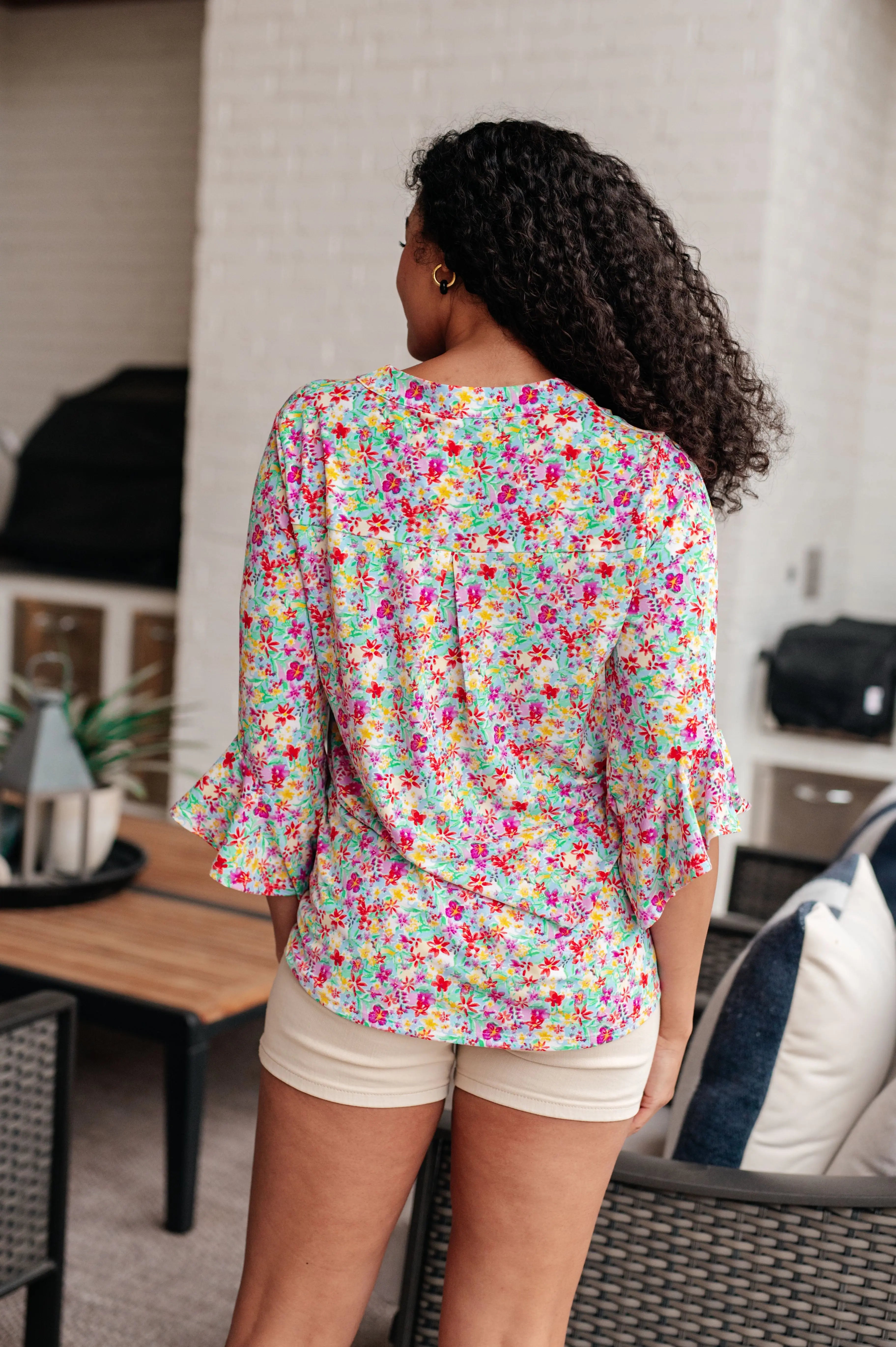 Lizzy Bell Sleeve Top Women's Floral Blouse - Lavender & Multi Color Floral Print, Boho Chic Tunic Shirt for Casual Wear, Office Outfits & Spring Summer Fashion