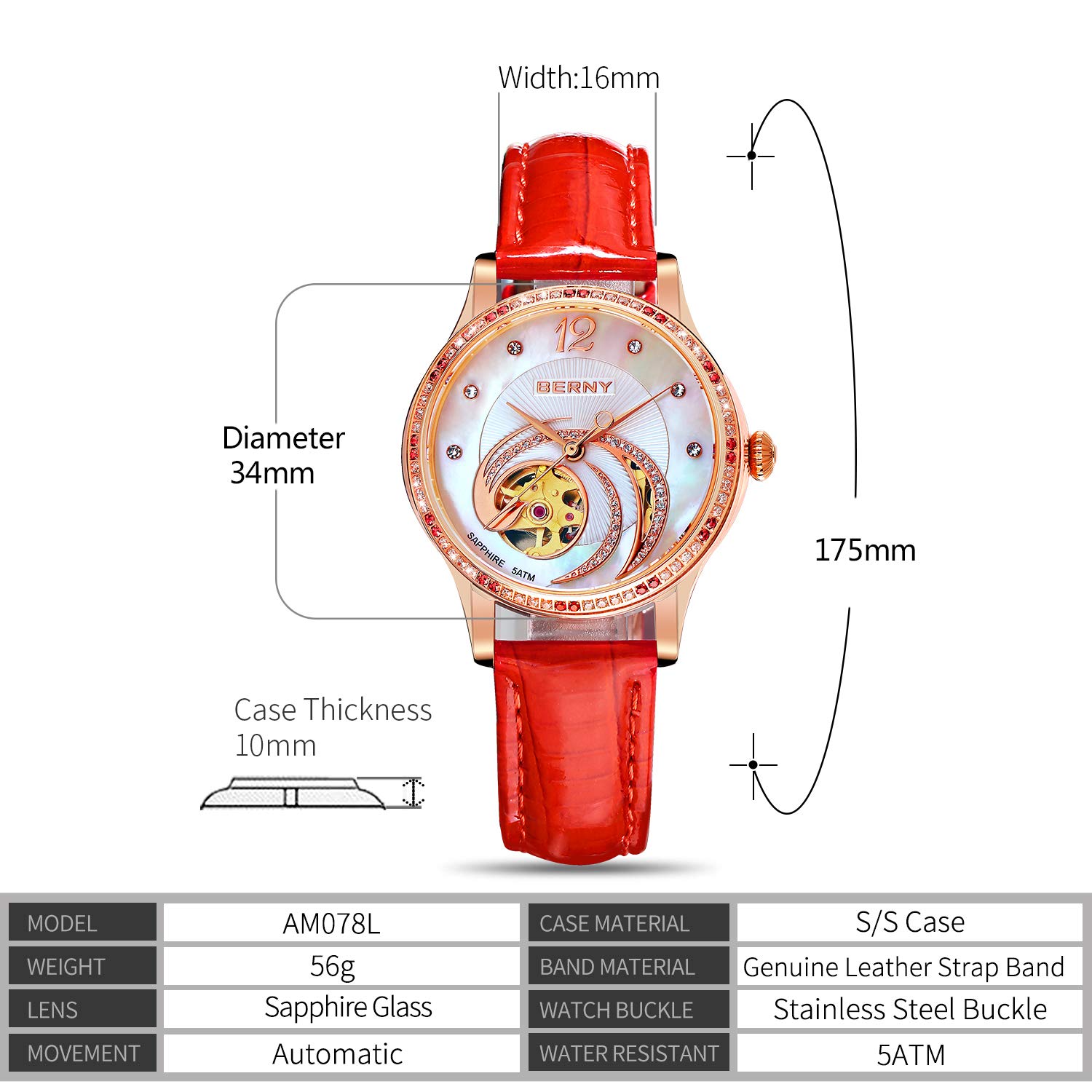 BERNY 18K Gold Women's Automatic Watch - Phoenix Series Small Dial Luxury Wristwatch (Red) | Elegant Dress Watch for Business, Party & Special Occasions