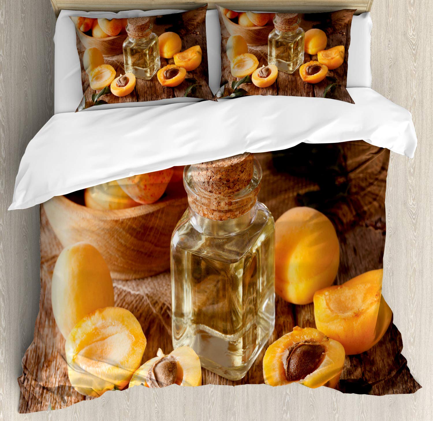 Ambesonne Apricot Duvet Cover Set - King Size 3-Piece Bedding with 2 Pillow Shams, Burnt Orange Decorative Print Featuring Kernel Oil in Glass Bottle & Fresh Apricots | Perfect for Master Bedroom, Guest Room & Cozy Farmhouse Decor