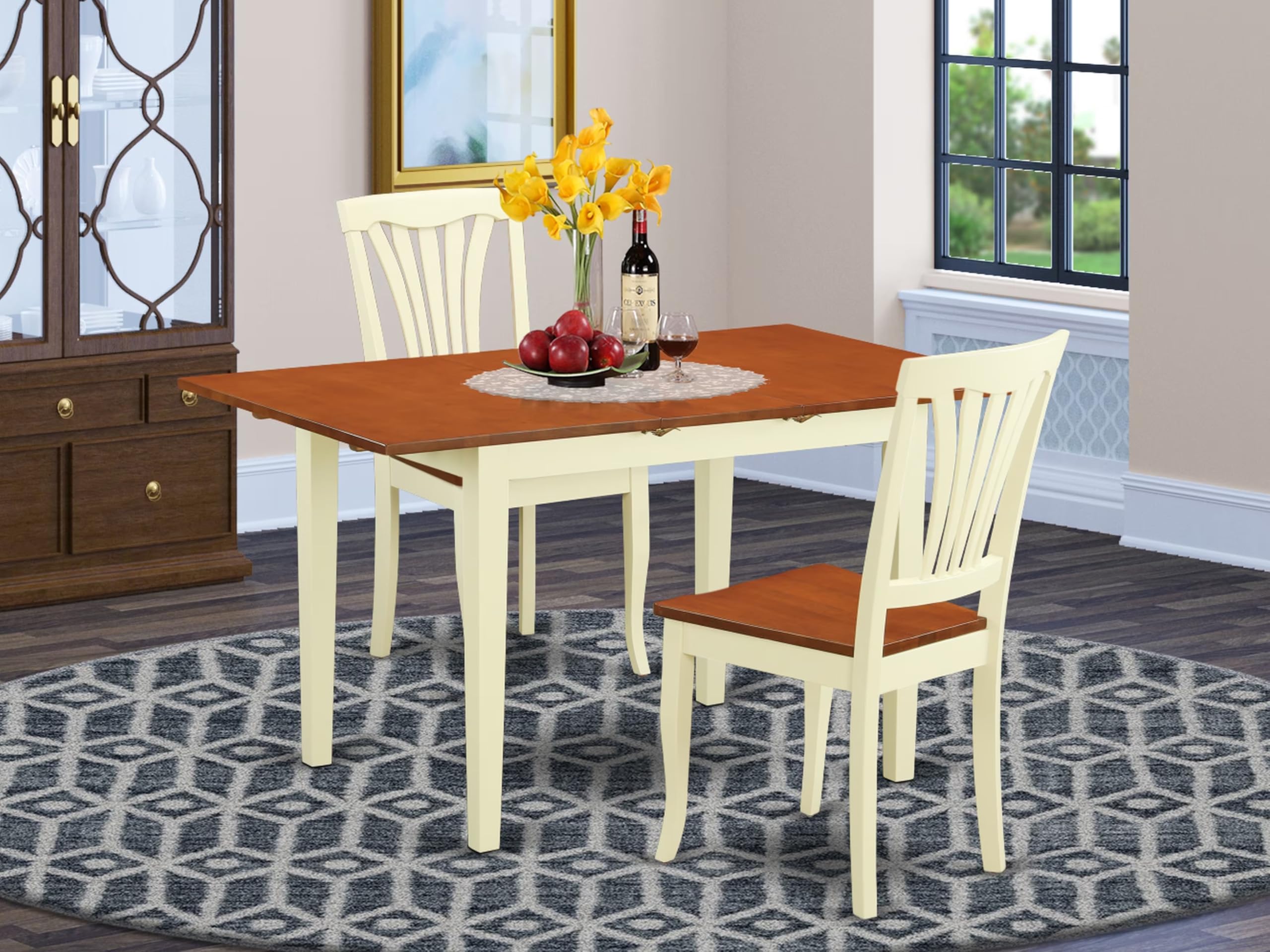 East West Furniture NOAV3-WHI-W 3-Piece Kitchen Table Set for Small Spaces - Expandable Rectangle Dining Table with Butterfly Leaf & 2 Solid Wood Chairs, 32x54 Inch, Buttermilk & Cherry - Perfect for Apartments, Breakfast Nooks, and Cozy Dining Areas