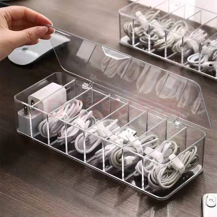White Plastic Cable Management Box with 10 Wire Ties & 8 Compartments - 2 Pack | Clear Power Cord Organizer for Home Office, Entertainment Center & Desk Organization