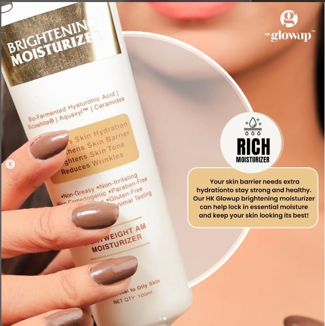 HK Glowup Brightening Face Moisturizer for Brighter, Soft & Radiant Skin - Daily Illuminating Lotion for Glowing Complexion | Lightweight, Non-Greasy Formula for Women & Men (100ml) | Perfect for Morning/Night Skincare Routine & Makeup Prep