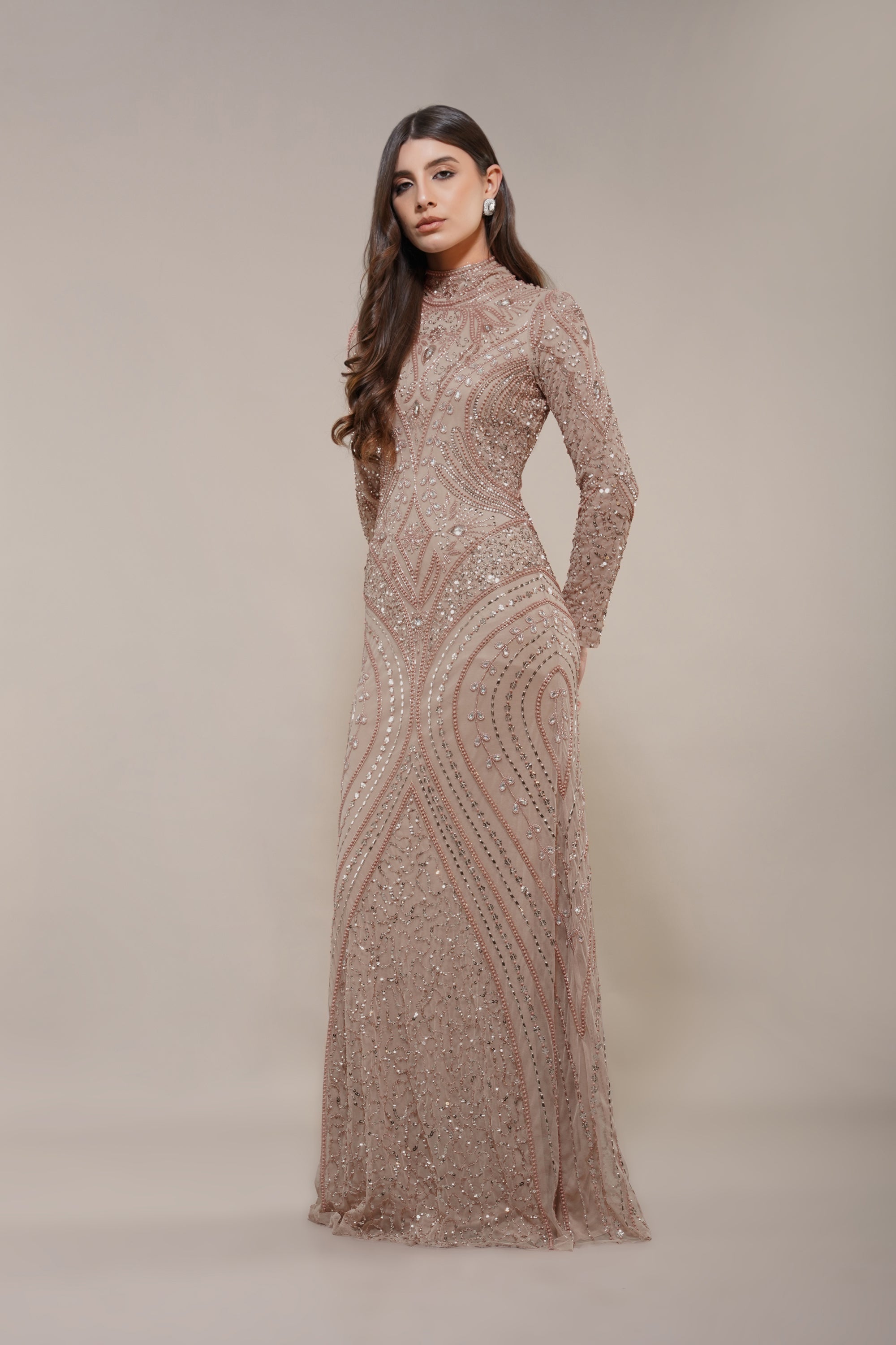 Elegant Lotus Embellished Maxi Dress in Taupe - Perfect for Weddings, Parties & Summer Vacations
