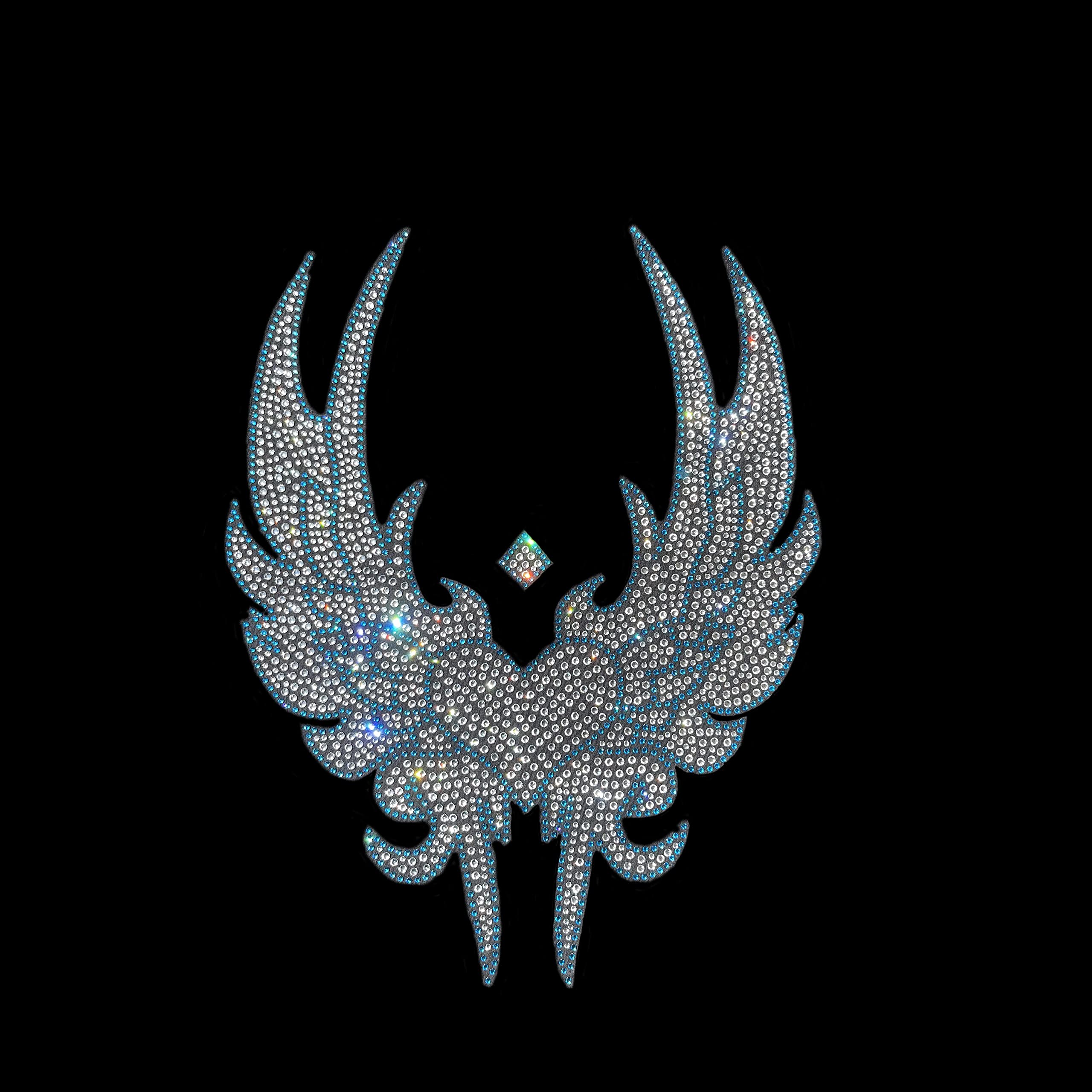 Blue Rhinestone Tribal Wings Iron-on Heat Transfer Decal - Hot Fix Iron on Patches for DIY Clothing, Costumes & Fashion Accessories | Perfect for T-Shirts, Jeans, Bags & Dancewear