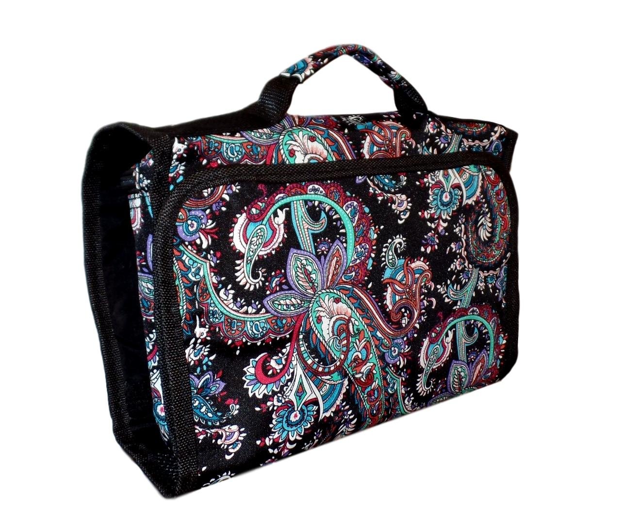 Roll-Up Hanging Toiletry Bag for Travel - Waterproof Cosmetic Organizer with Custom Embroidery Option (Black Paisley Design) | Perfect for Camping, Gym, Business Trips & Vacation Storage