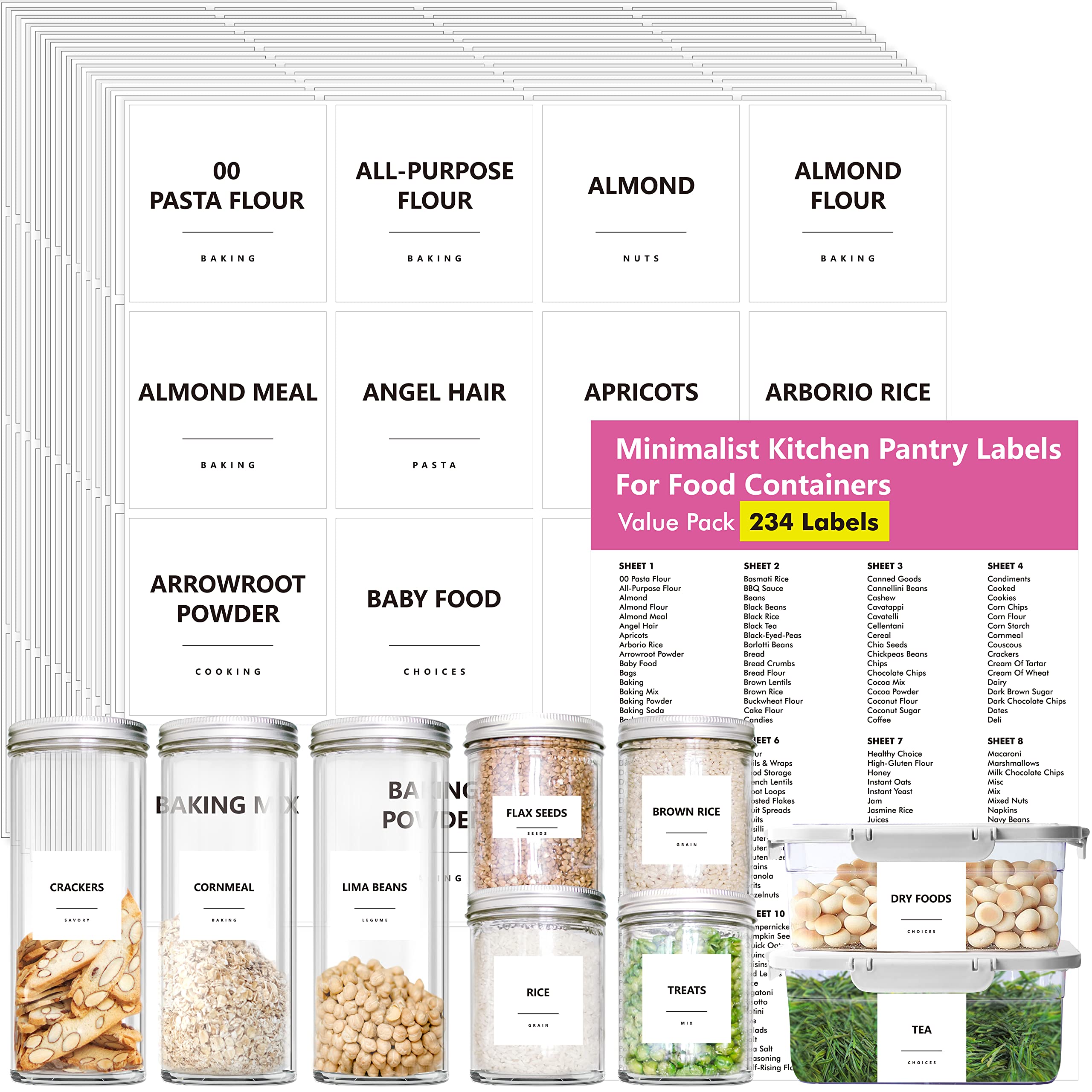 Hebayy 234 Minimalist Kitchen Pantry Food Labels - 216 Preprinted & 18 Blank Stickers for Flour, Pasta, Peas, Cocoa, Condiments, Oil | Waterproof, Tear-Resistant, No Residue | Perfect for Food Containers, Jars & Pantry Organization