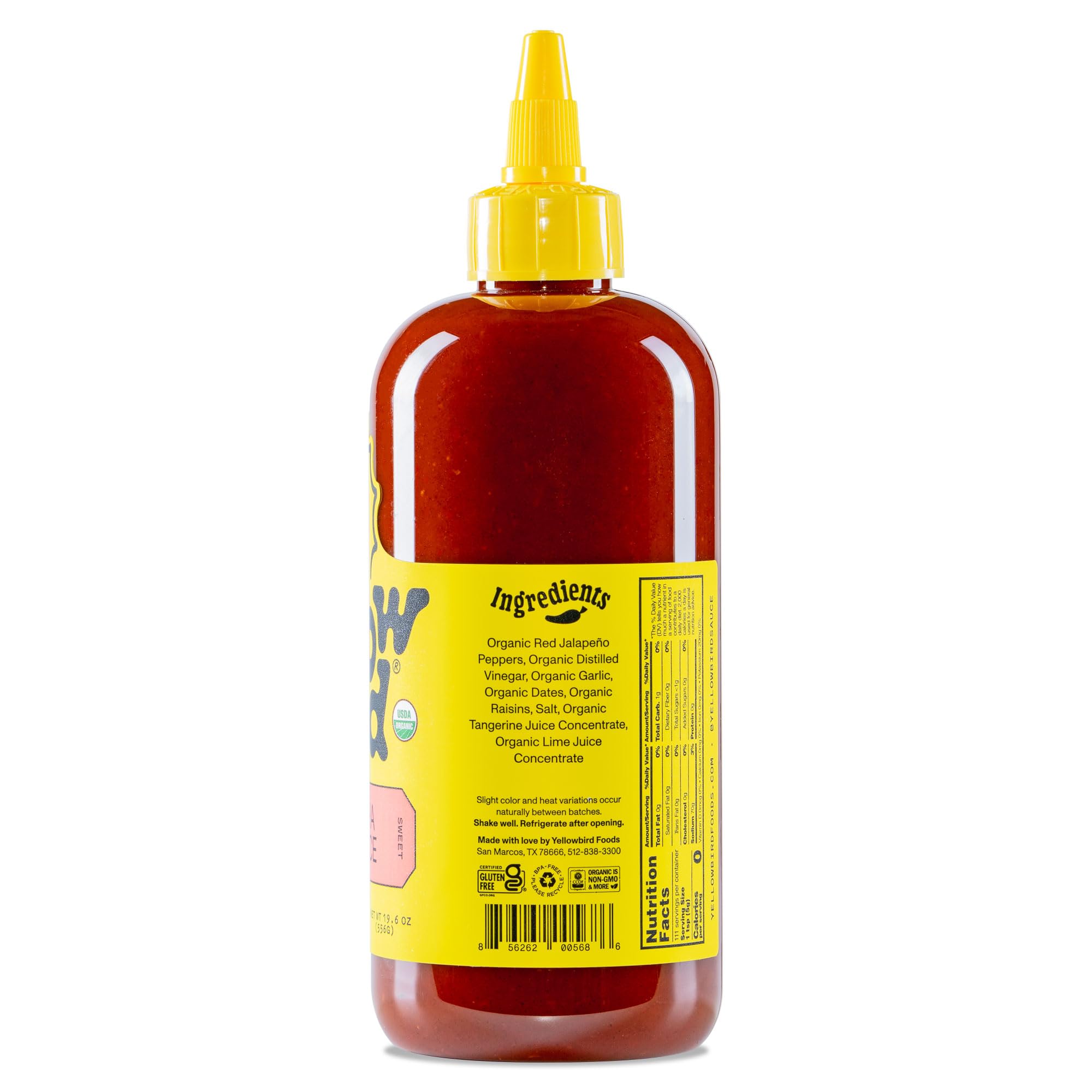Yellowbird Organic Sriracha Hot Sauce 19.6 oz - Garlic, Date & Lime Blend | Mellow Heat | Tabletop Size | Vegan & Gluten-Free | Perfect for Tacos, Burgers & Wings | Made in Texas USA