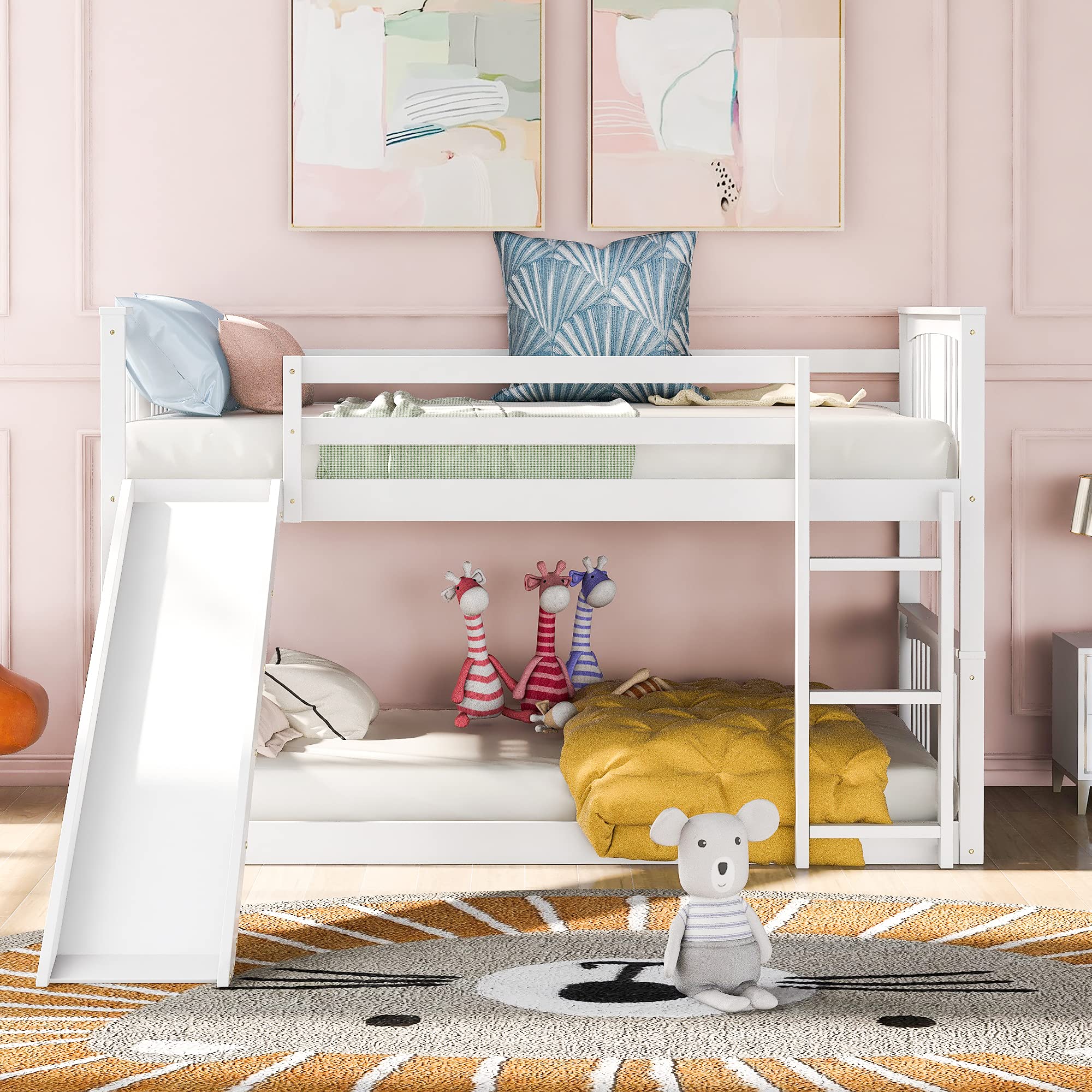 Twin Over Twin Bunk Bed with Slide & Ladder - Sturdy Kids Bunk Bed for Children & Teens, Space-Saving Bedroom Furniture (No Box Spring Required) - Perfect for Shared Kids Rooms, Sleepovers & Small Spaces