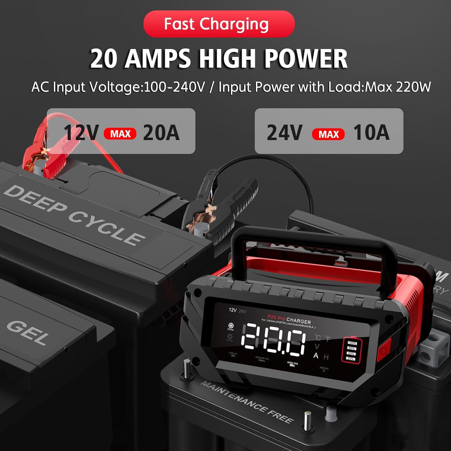 20A Smart Battery Charger 12V/24V - Fully Automatic Lithium/LiFePO4 Charger with Trickle & Pulse Repair - Car, Boat, Motorcycle, Lawn Mower Battery Maintainer - Perfect for Winter Storage & Seasonal Vehicle Maintenance