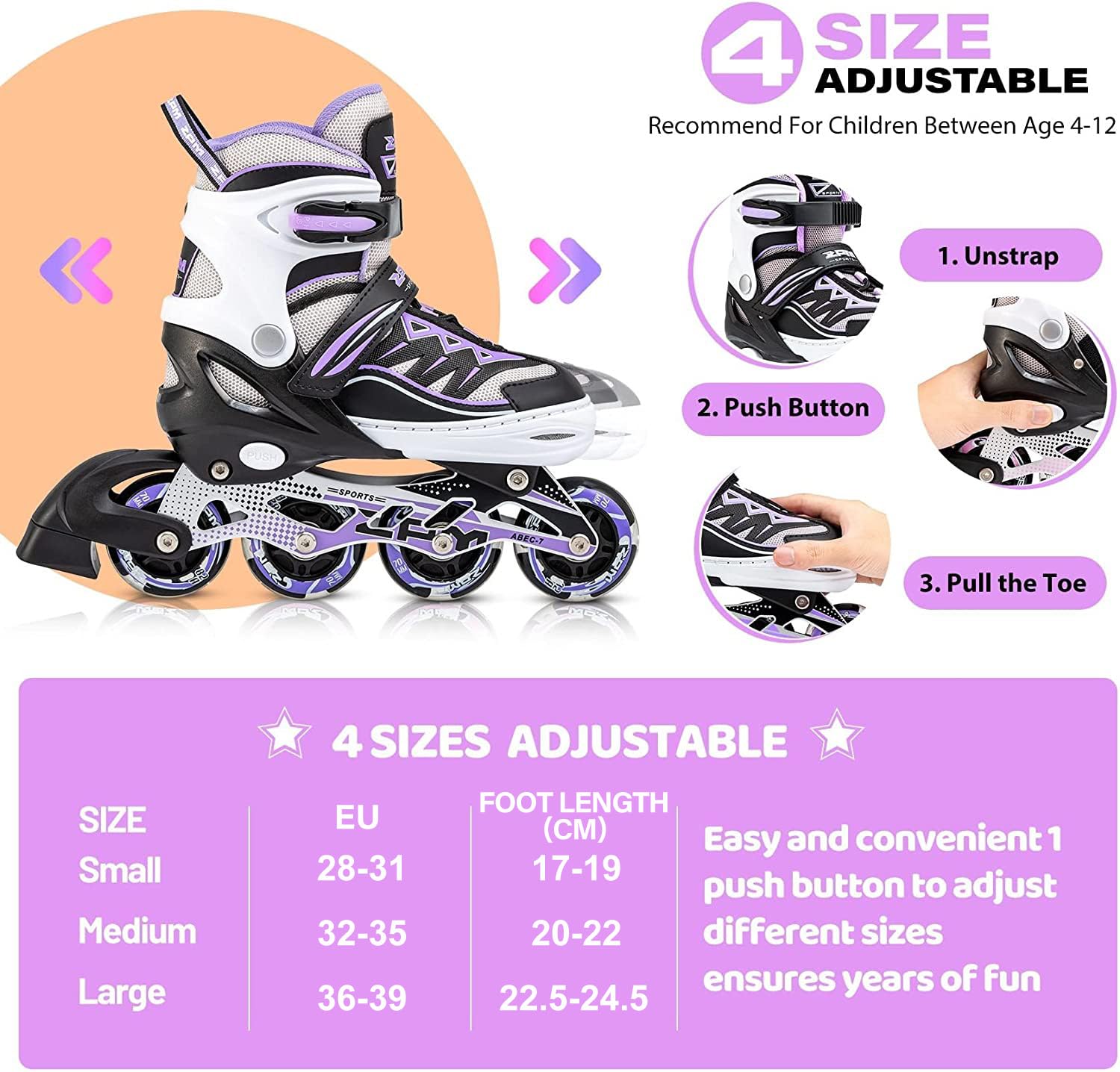 2PM SPORTS Cytia Adjustable Size Inline Skates with Full LED Light Wheels - Rollerblades for Kids, Women & Men - Perfect for Outdoor Fun, Fitness & Night Skating