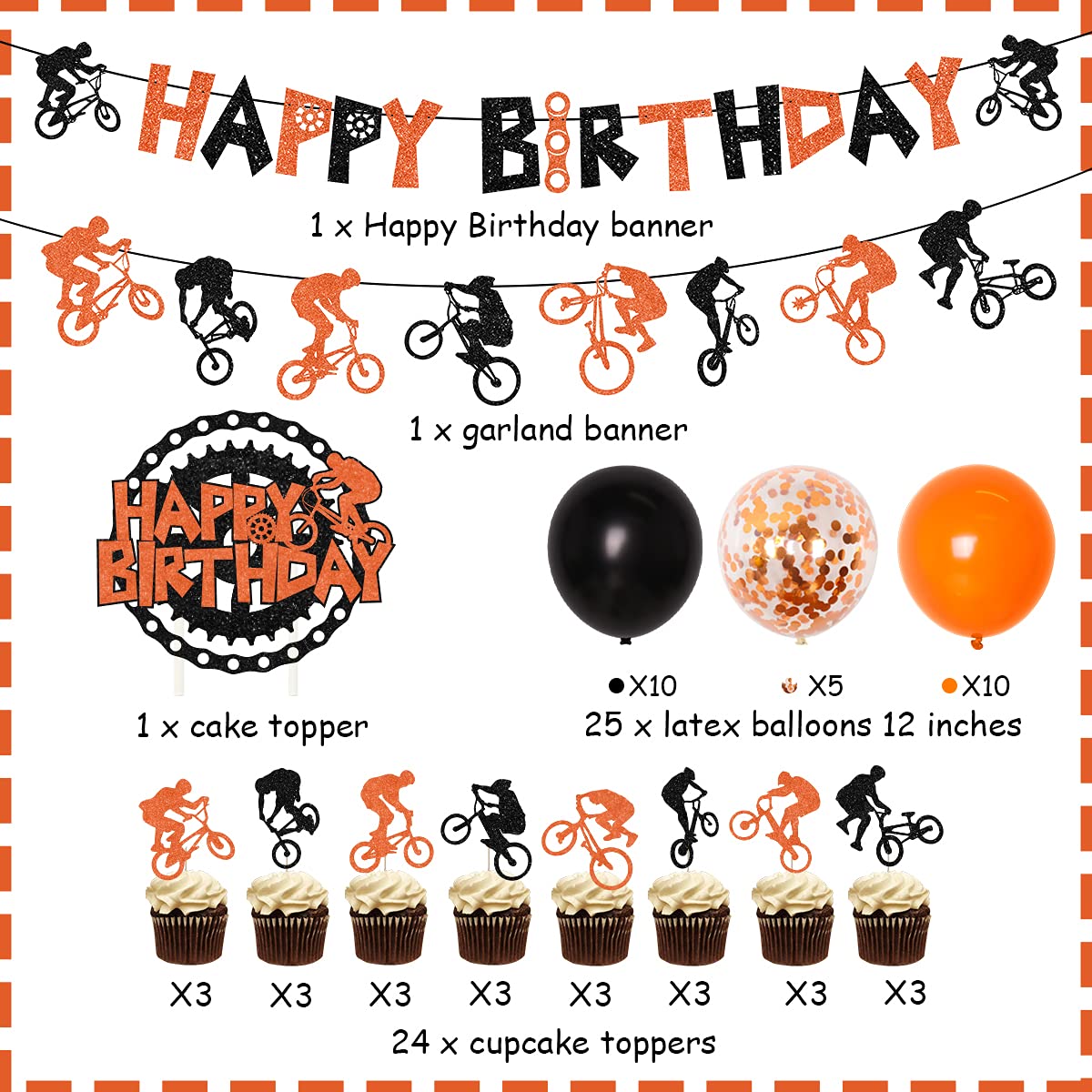 Orange & Black BMX Bike Birthday Party Decorations - Happy Birthday Banner, Cake Topper, Garland & Balloons for Extreme Sports Themed Parties | Perfect for Boys' Motocross & Bicycle Celebration Decor