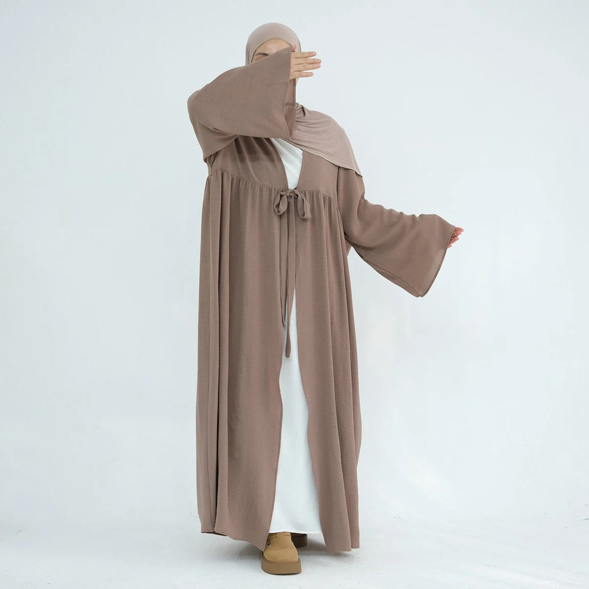 Elegant Lace-Up Crepe Open Abaya Dress #24896 - Modest Muslim Fashion for Women, Perfect for Prayer, Weddings & Special Occasions