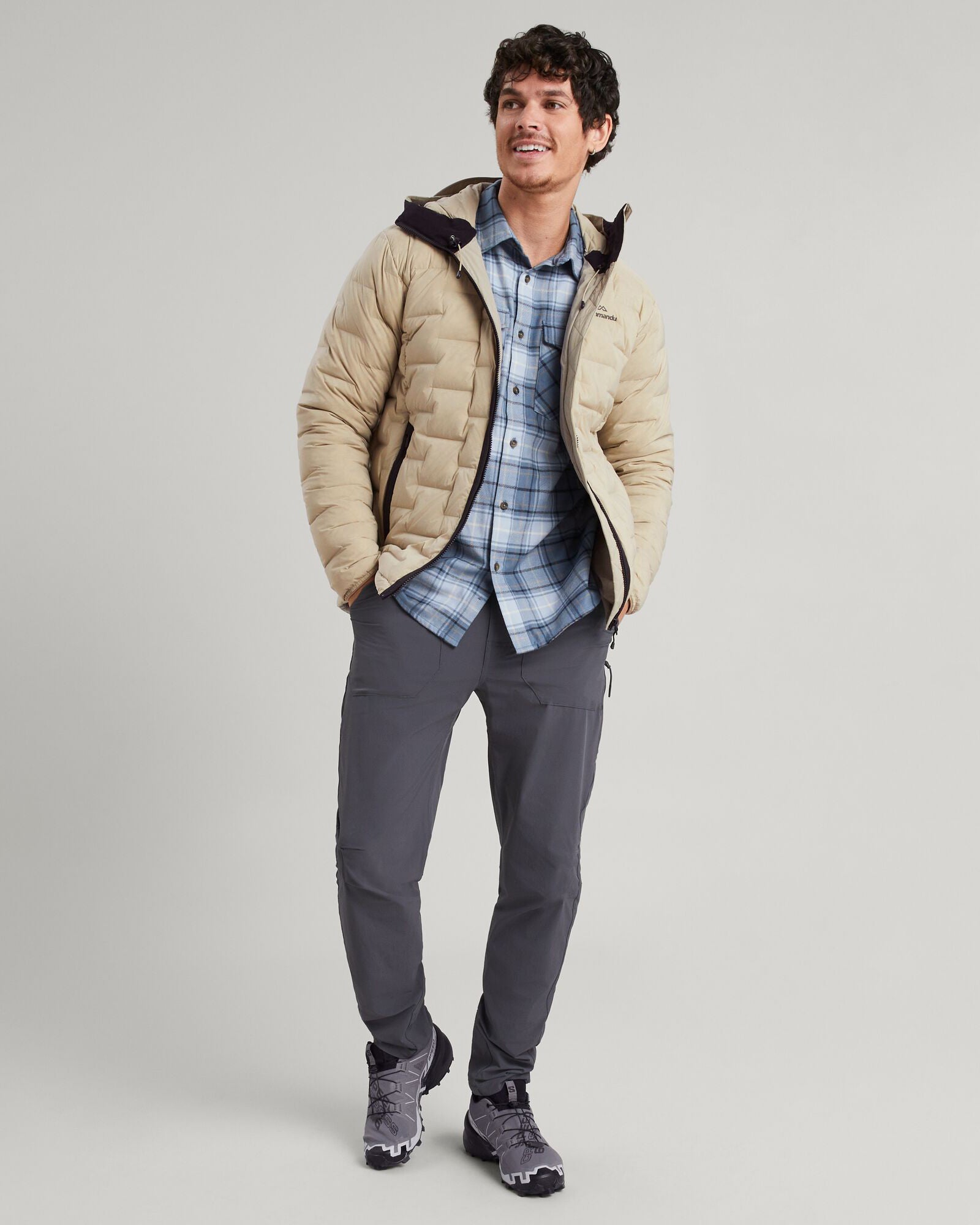 Men's Federate Stretch Hooded Down Jacket - Lightweight Warm Winter Coat, Water-Resistant Olive Grey Outerwear for Hiking & Outdoor Activities