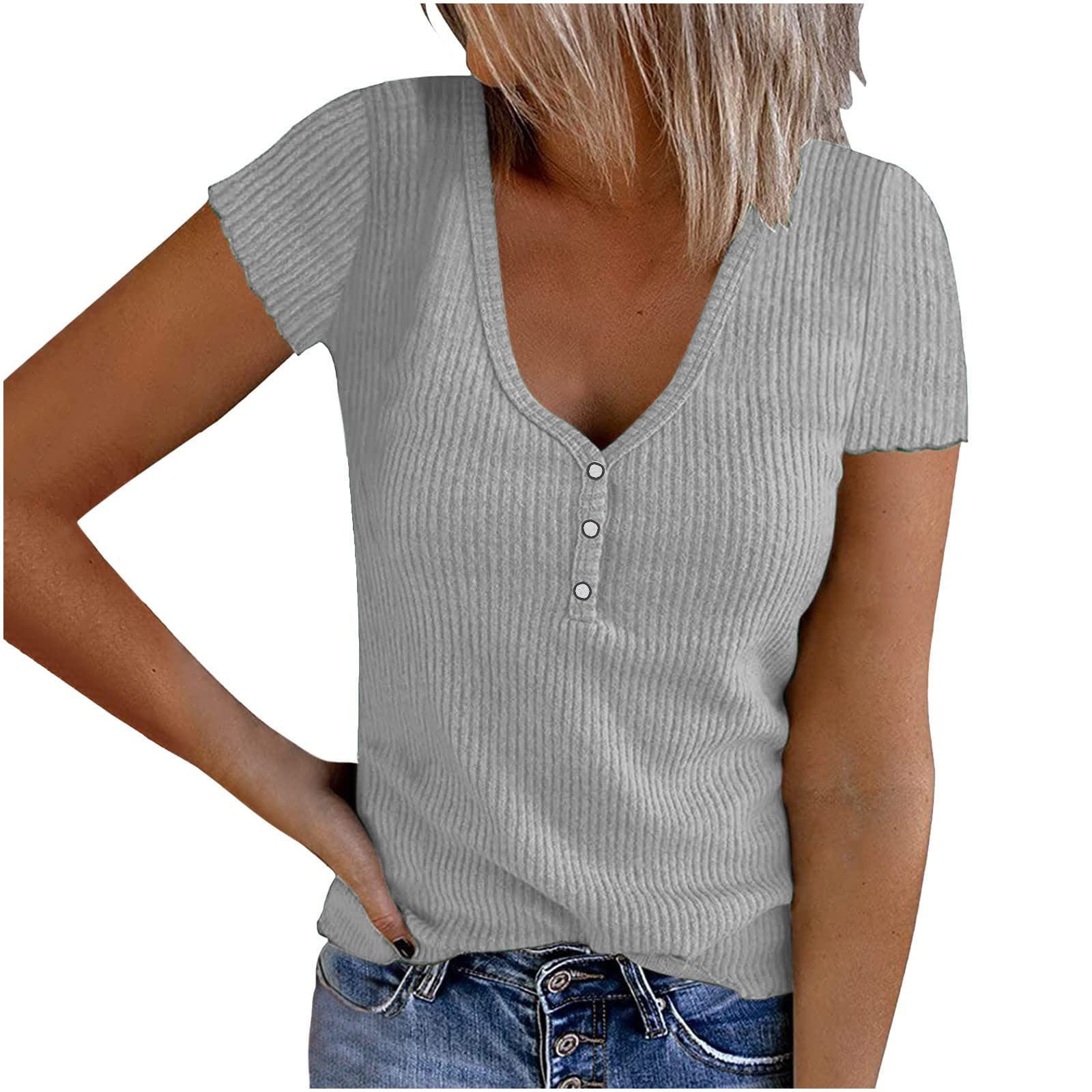 Women's Short Sleeve Ribbed T-Shirts - Basic Knit Button Up V-Neck Casual Summer Tops & Blouses for Everyday Wear, Office, and Outings