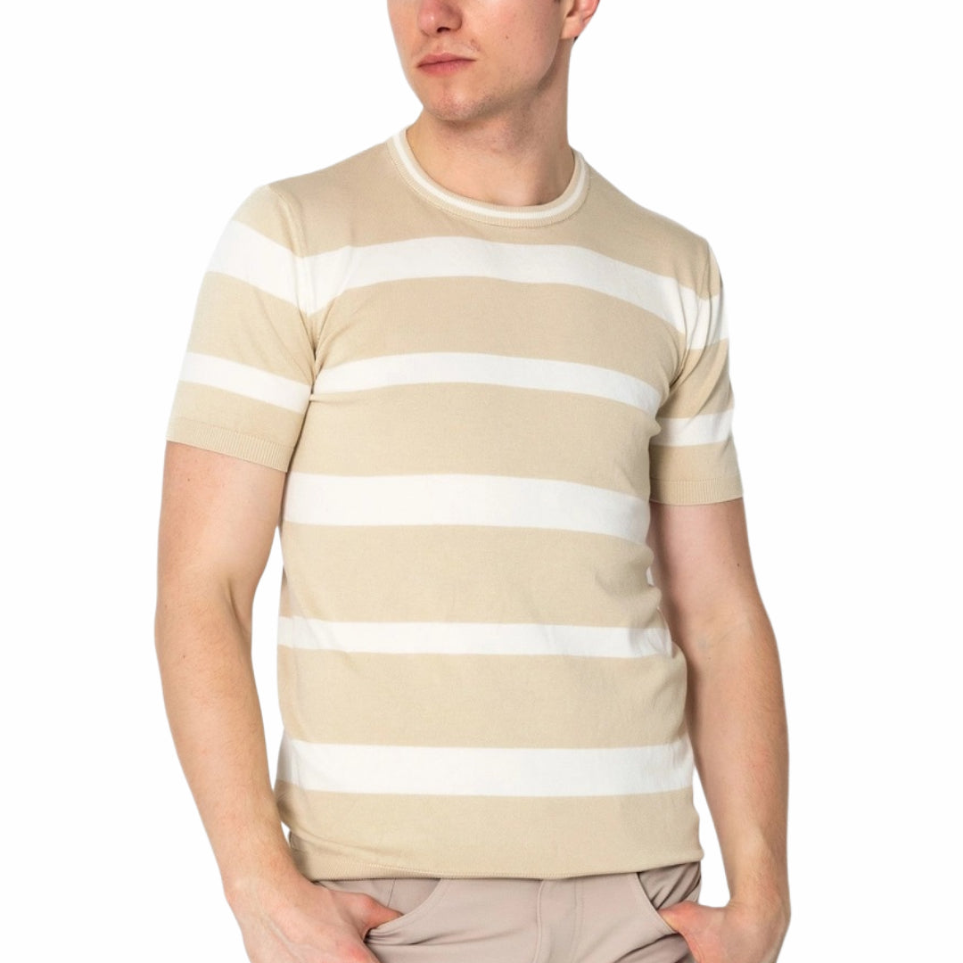 RNT23 Striped Knit T-Shirt Beige - Soft & Comfortable Casual Top for Women | Perfect for Everyday Wear, Layering & Outfits