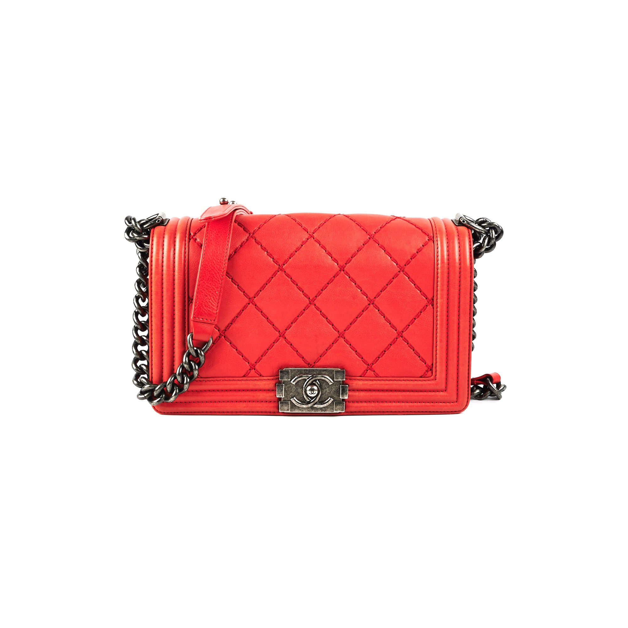 Chanel Boy Old Medium Red Leather Quilted Shoulder Bag - Luxury Designer Handbag for Women - Perfect for Parties, Dates & Special Occasions