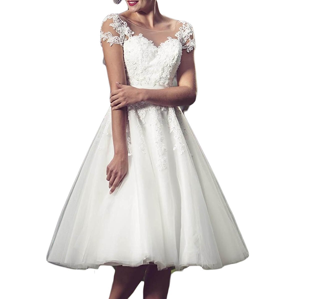 Lorderqueen Vintage Tea Length Lace Wedding Dress for Women - Elegant Bride Gown with Tulle Skirt | Perfect for Beach Weddings, Garden Ceremonies & Romantic Vows