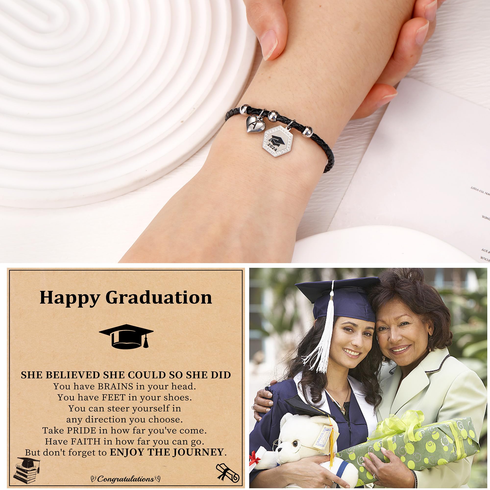 2024 Graduation Bracelets for Women - Personalized L Initial Leather Bracelet, High School & College Graduation Gifts for Her, 8th Grade Promotion Jewelry - Perfect for Ceremonies, Parties & Special Occasions