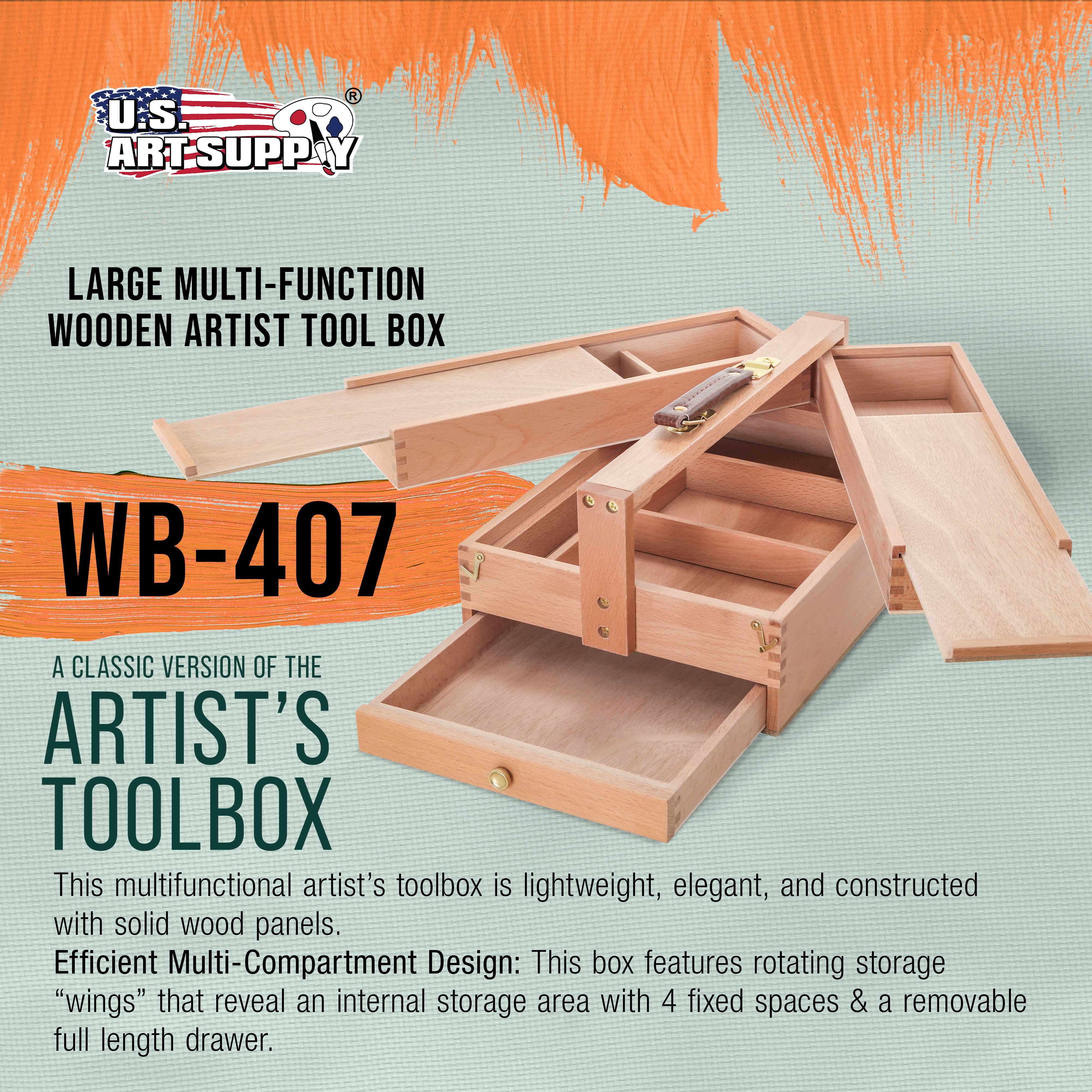 Multi-Function Unfinished Beechwood Artist Tool Storage Box with Drawer & Locking Clasps - Organize Paints, Pastels, Pencils, Brushes & Art Supplies - Perfect for Studio, Classroom & Travel