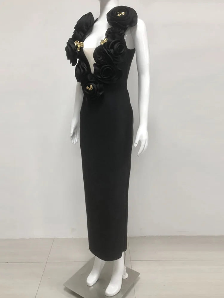 Elegant Black Deep V-Neck Floral Bandage Bodycon Maxi Dress for Women - Sexy Club Party & Evening Gown for 2025 | Perfect for Night Out, Date Night & Special Occasions