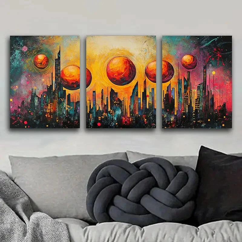 3-Piece Abstract Cityscape Skyline Beach Wall Art Set - Framed Canvas 40x60cm (16x24in) - High Quality Print - Ready to Hang - Modern Home & Office Decor - Perfect for Living Room, Bedroom or Beach House