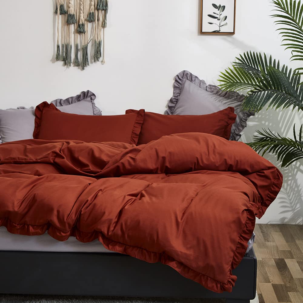 CLOTHKNOW King Size Burnt Orange Boho Comforter Set - 3 Piece Ruffle Terracotta Bedding with Soft Caramel Accents | Rustic Farmhouse Style for Cozy Bedroom Decor